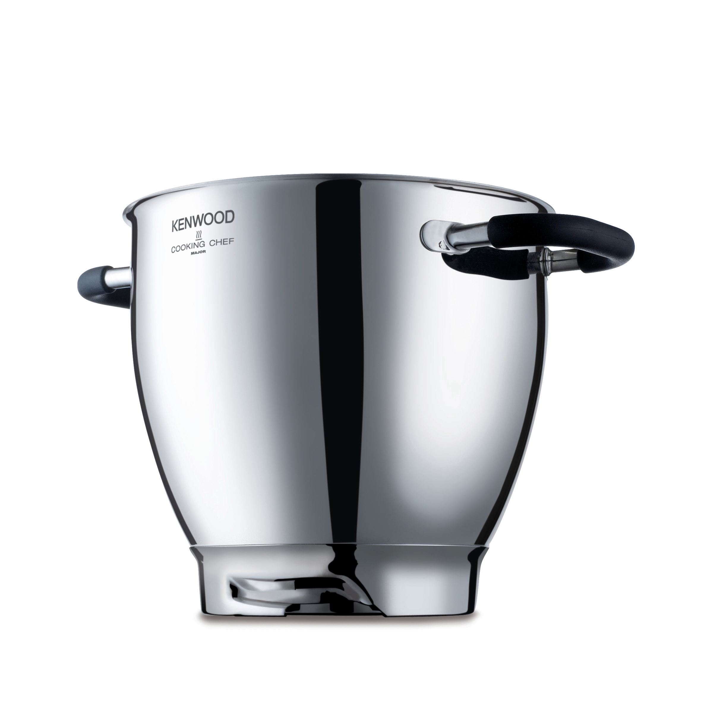 Edelstahl Kenwood Cooking Chef Schüssel mit schwarzen Griffen auf weißem Hintergrund.