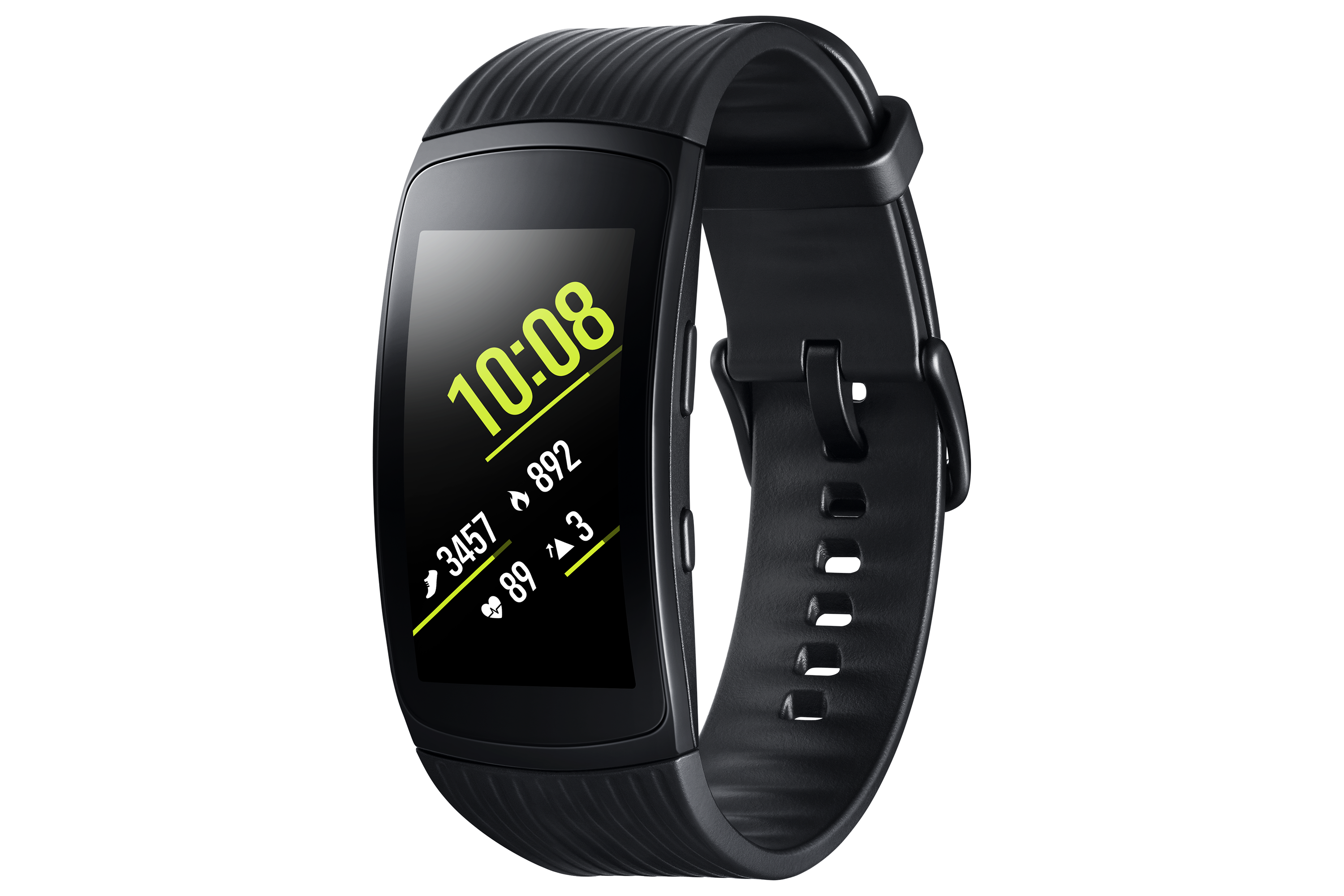 Schwarze Samsung Gear Fit2 Pro Smartwatch zeigt Zeit, Schritte, Herzfrequenz und Kalorien auf schwarzem Hintergrund.