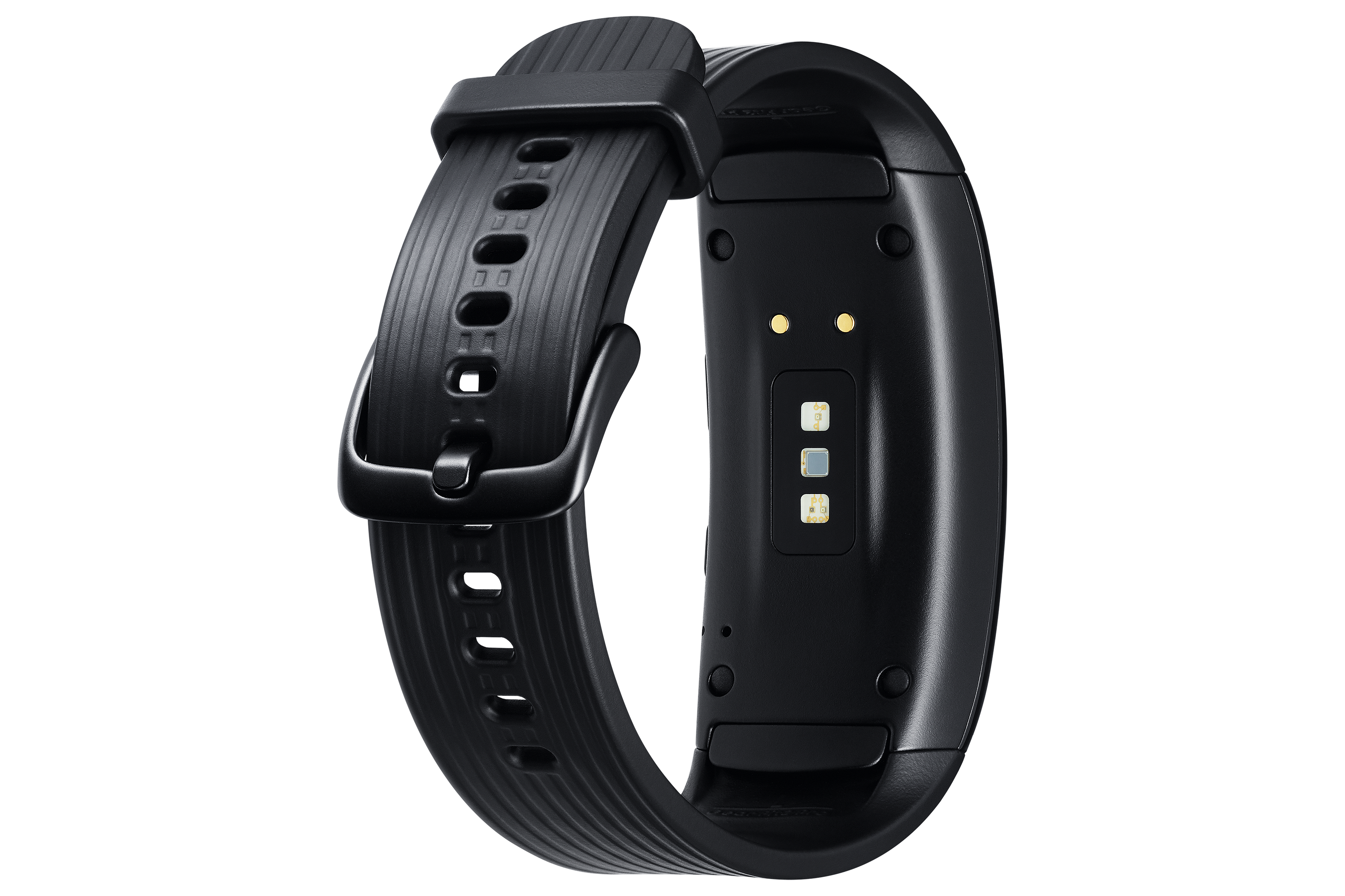 Schwarzer Fitness-Tracker mit Armband, Unterseite mit Sensoren und Schnalle zeigend.