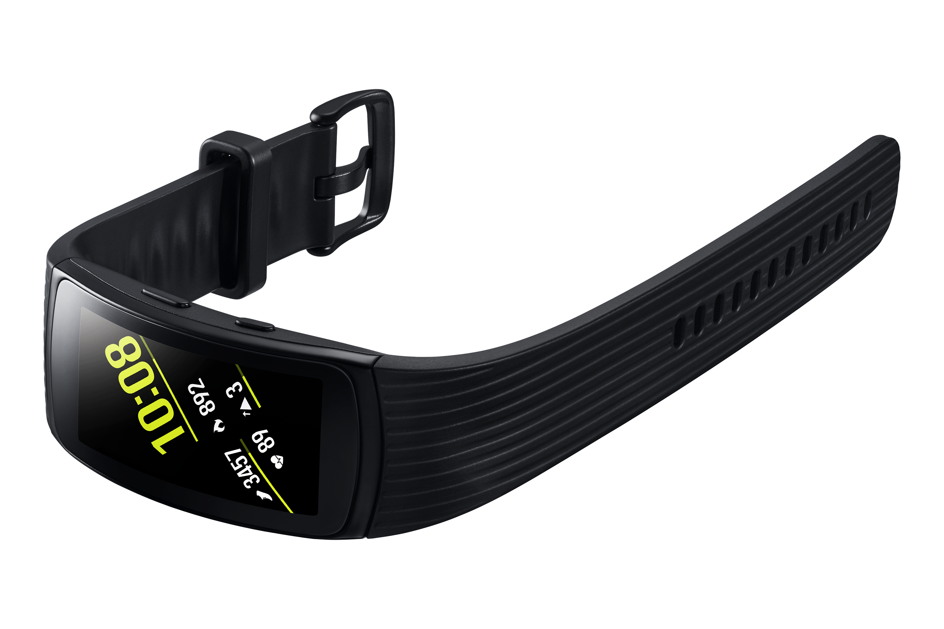 Schwarzer Fitness-Tracker mit Anzeige von Zeit und anderen Metriken auf schwarzem Hintergrund.