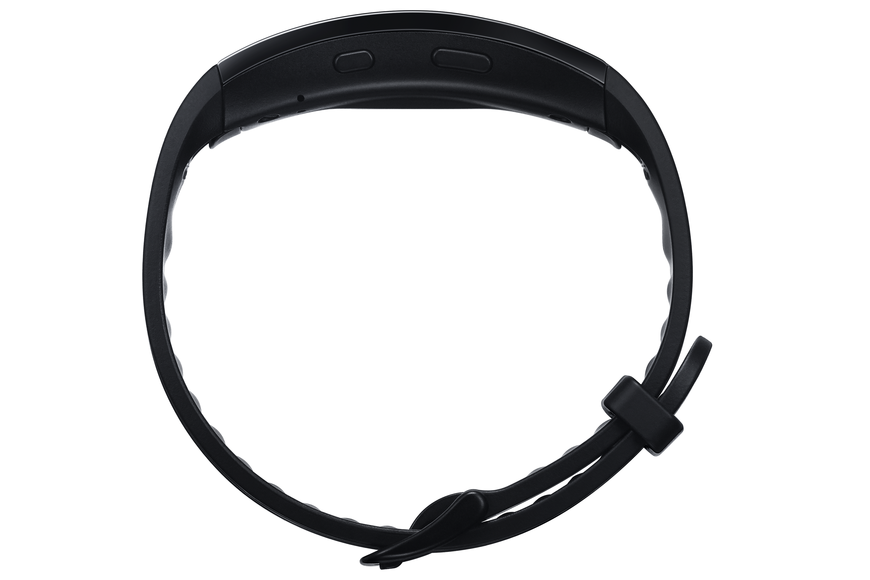 Schwarzer Fitness-Tracker. Es ist ein Armband mit Bildschirm und Verschluss, zum Tragen am Handgelenk.