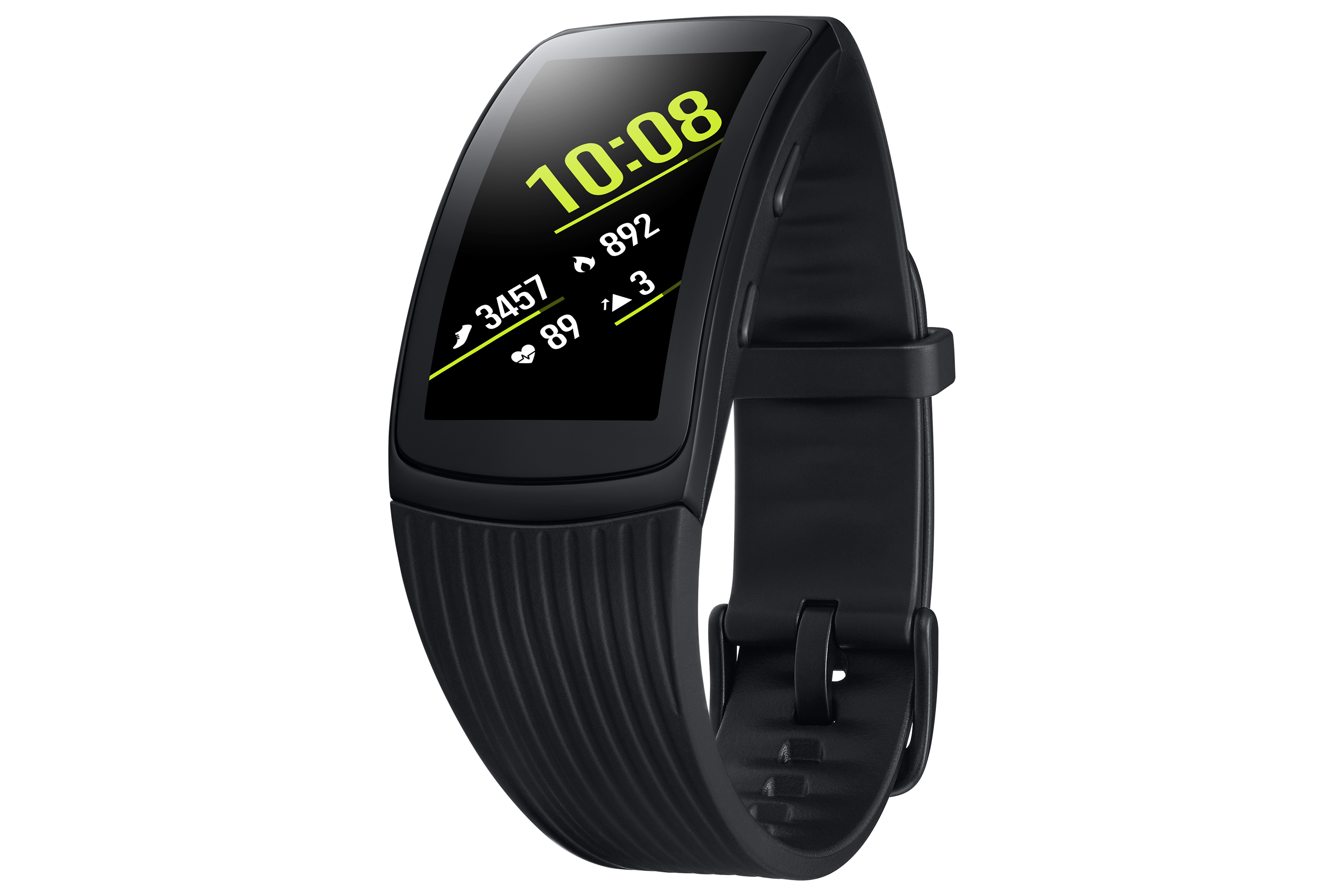 Schwarzer Samsung Fitnesstracker mit digitaler Anzeige, zeigt Zeit, Schritte, Herzfrequenz.
