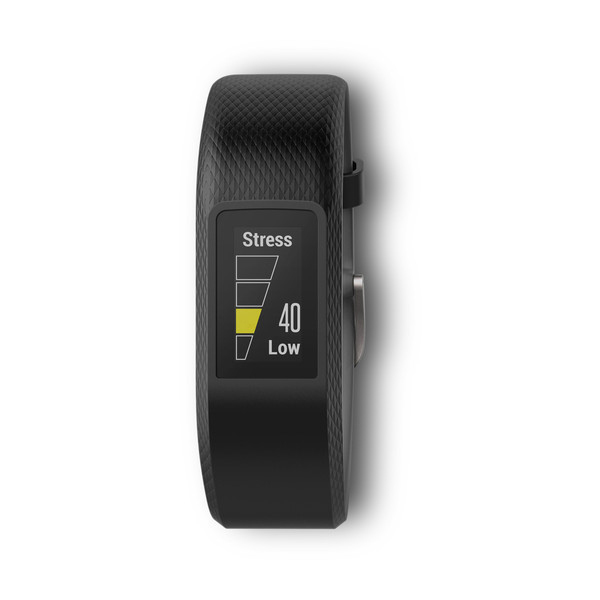 Schwarzer Fitnesstracker mit 'Stress'-Level bei '40' und einem Balken für niedrig.