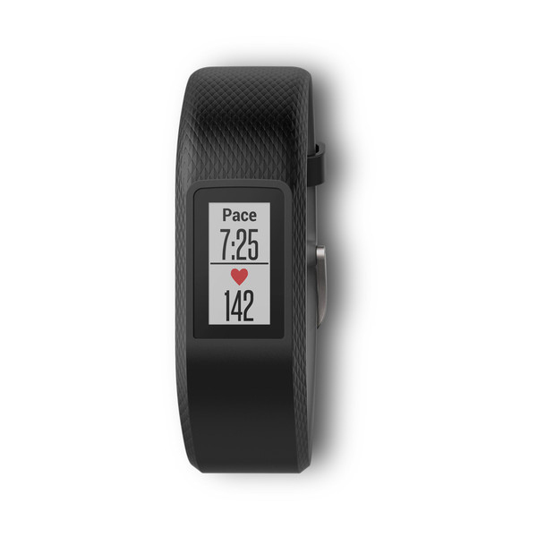 Schwarze Fitness-Tracker-Uhr, die Tempo und Herzfrequenz anzeigt, vor weißem Hintergrund.