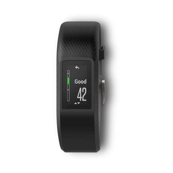 Schwarzer Fitnesstracker mit Bildschirm, der 'Gut' und die Zahl '42' anzeigt.