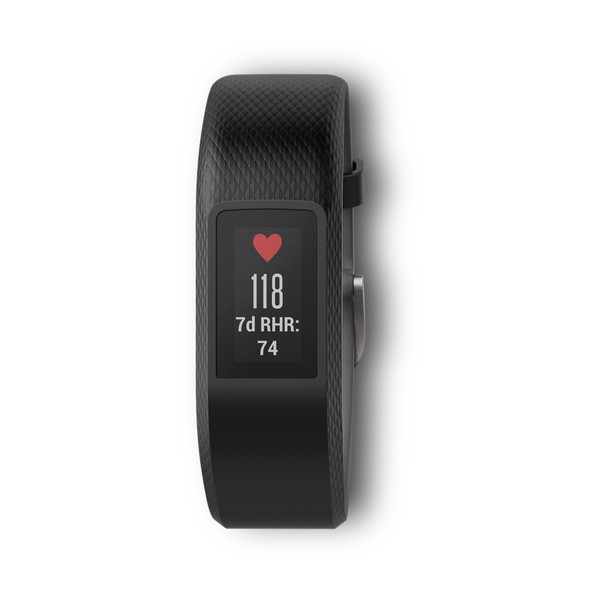 Schwarzer Fitnesstracker zeigt Herzfrequenz 118, mit '7d RHR' 74, auf weißem Hintergrund.