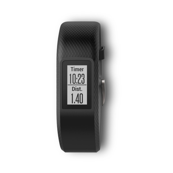 Schwarzer Garmin Fitness-Tracker mit Digitalanzeige, die Zeit und Distanz zeigt.