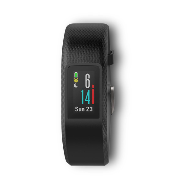 Schwarzer Fitnesstracker mit Bildschirm, der Zeit, Datum und Akkuladung anzeigt.
