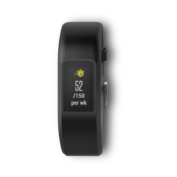 Schwarzer Garmin Fitnesstracker mit Anzeige, die Statistiken zeigt.