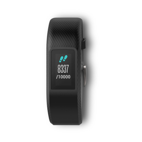 Schwarzer Fitnesstracker mit 8337/10000 Schritten. Blaue Fußsymbole. Weißer Hintergrund. Schwarzes Band.