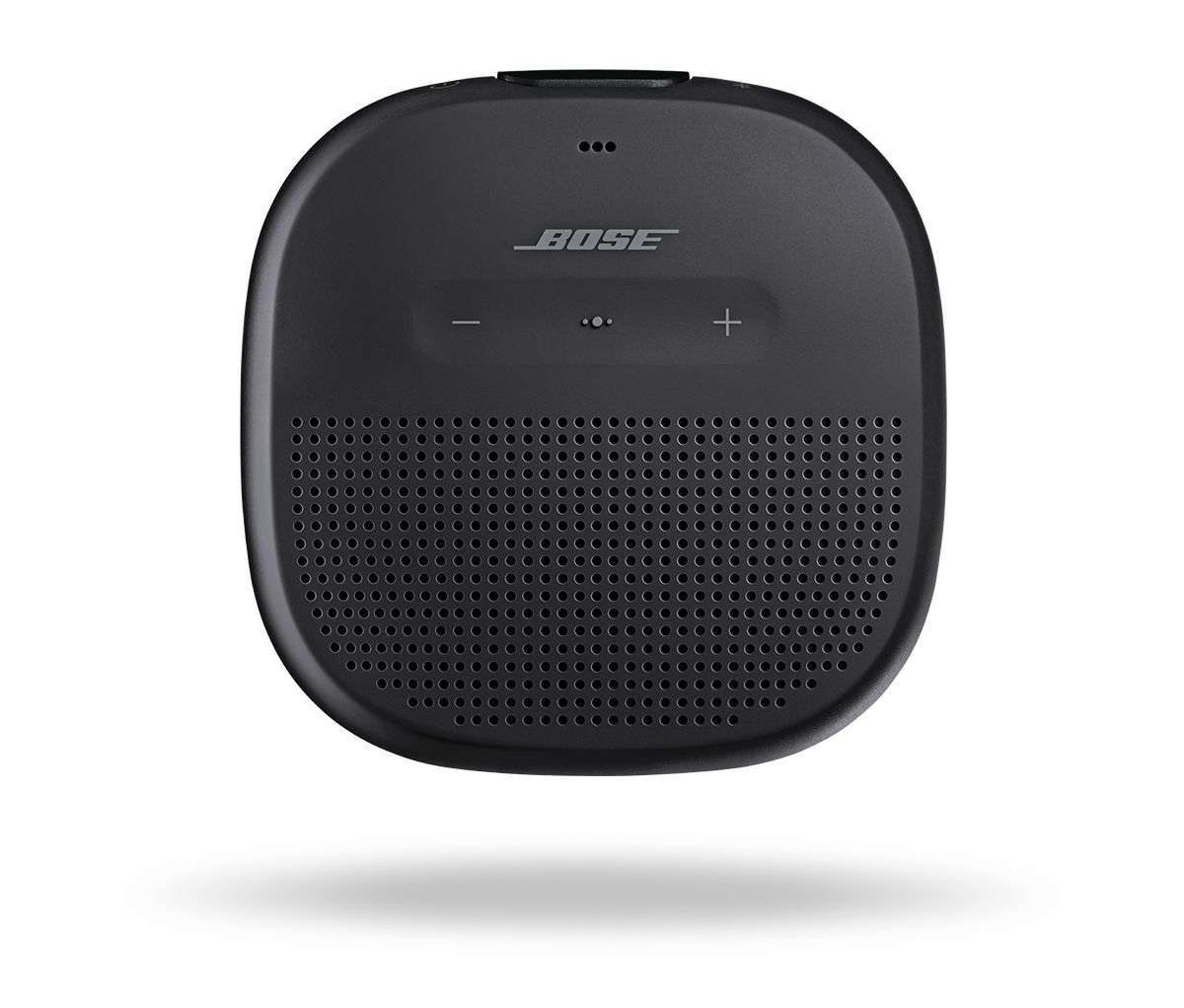Ein schwarzer Bose-Lautsprecher. Er ist oval mit einem Gitter unten und Bose-Logo oben.