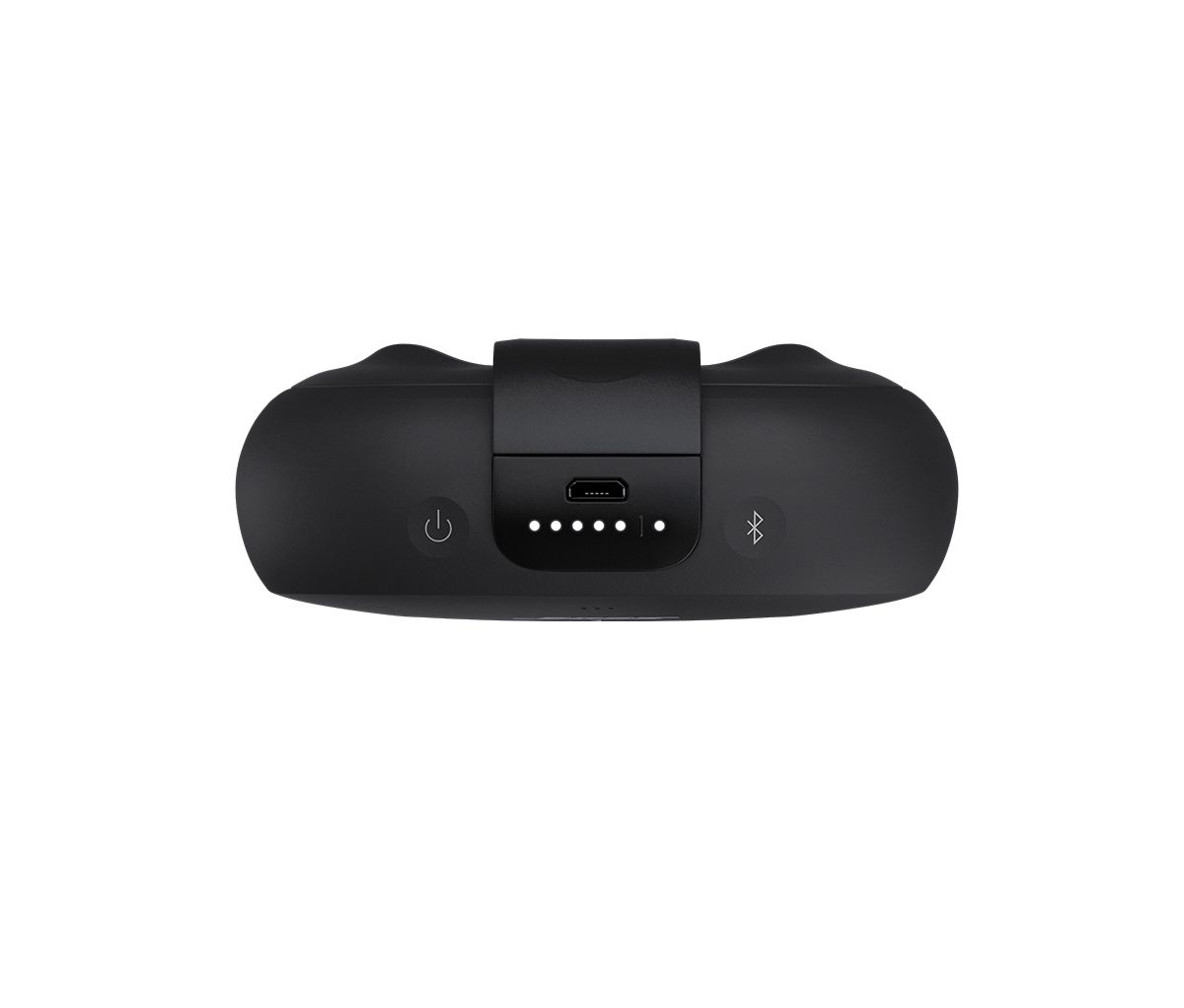 Ein schwarzes Gerät mit Strom-, Bluetooth- und USB-Anschlüssen, von oben gesehen.