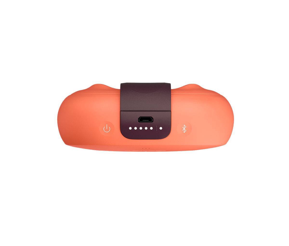 Oranges Gerät mit dunkelbraunem Oberteil, USB-Anschluss und Power/Bluetooth-Symbolen. Fünf Kontrollleuchten sind sichtbar.