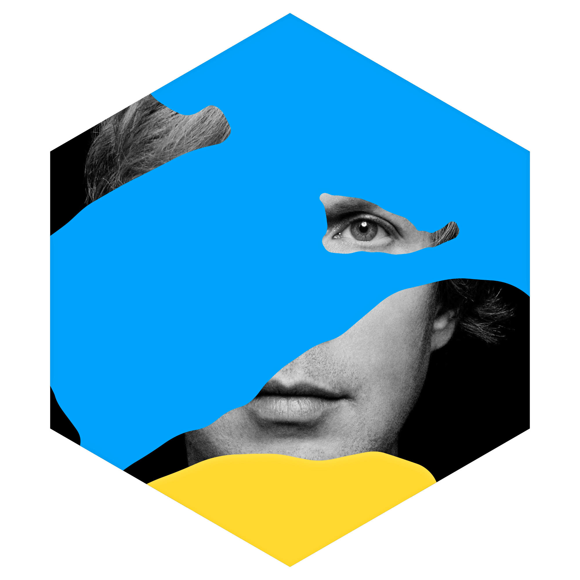 Een grijswaardenafbeelding van een mannengezicht, gedeeltelijk bedekt door een blauwe en gele geometrische vorm.