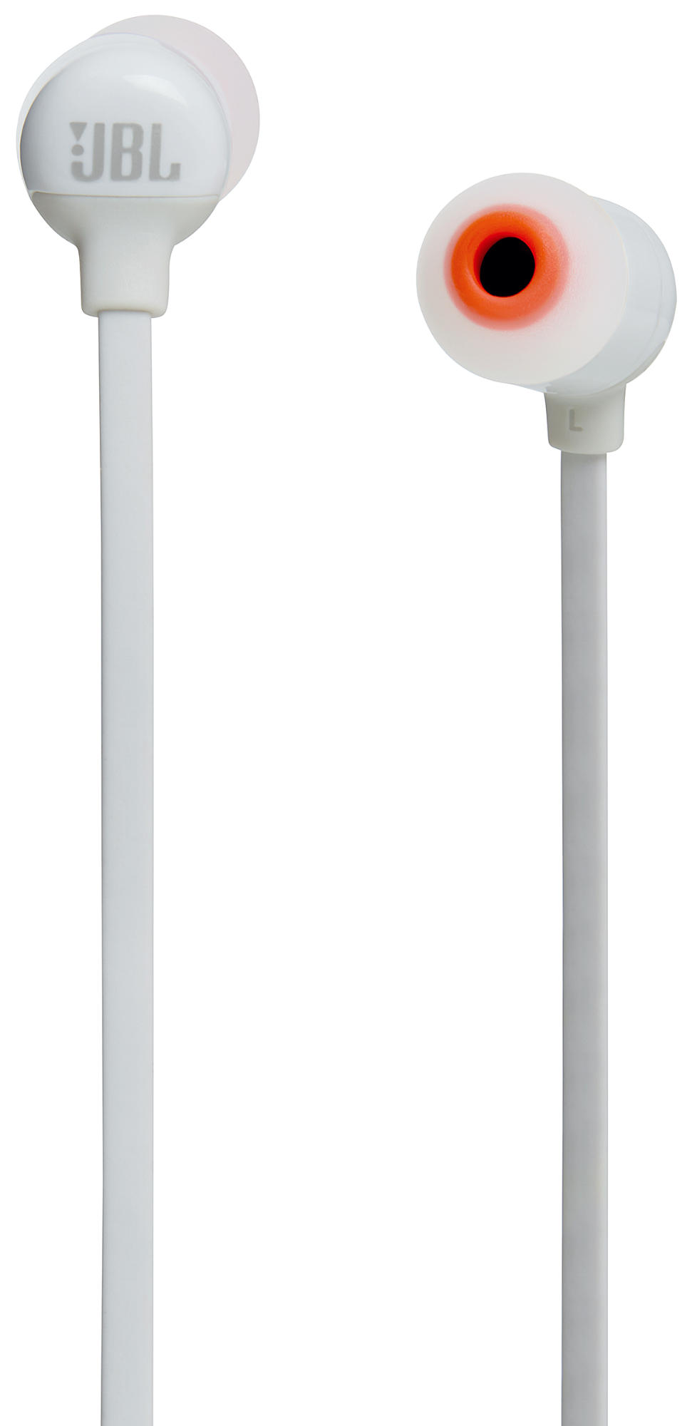 Auriculares JBL blancos con cable blanco. Un auricular tiene una punta naranja.