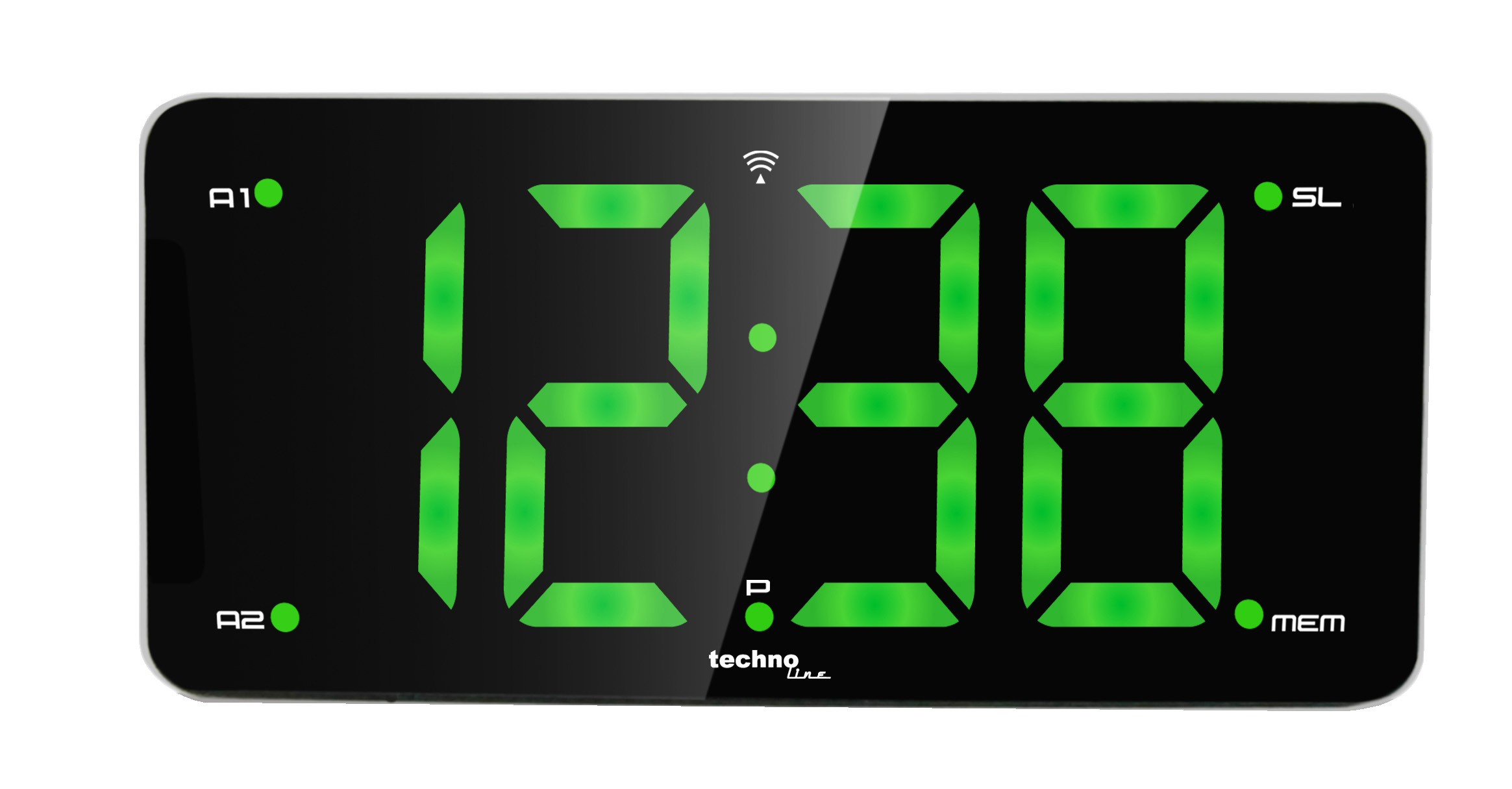 Digitaler Wecker. Schwarz, mit großen grünen Zahlen. A1, A2, SL, P, MEM Buchstaben.