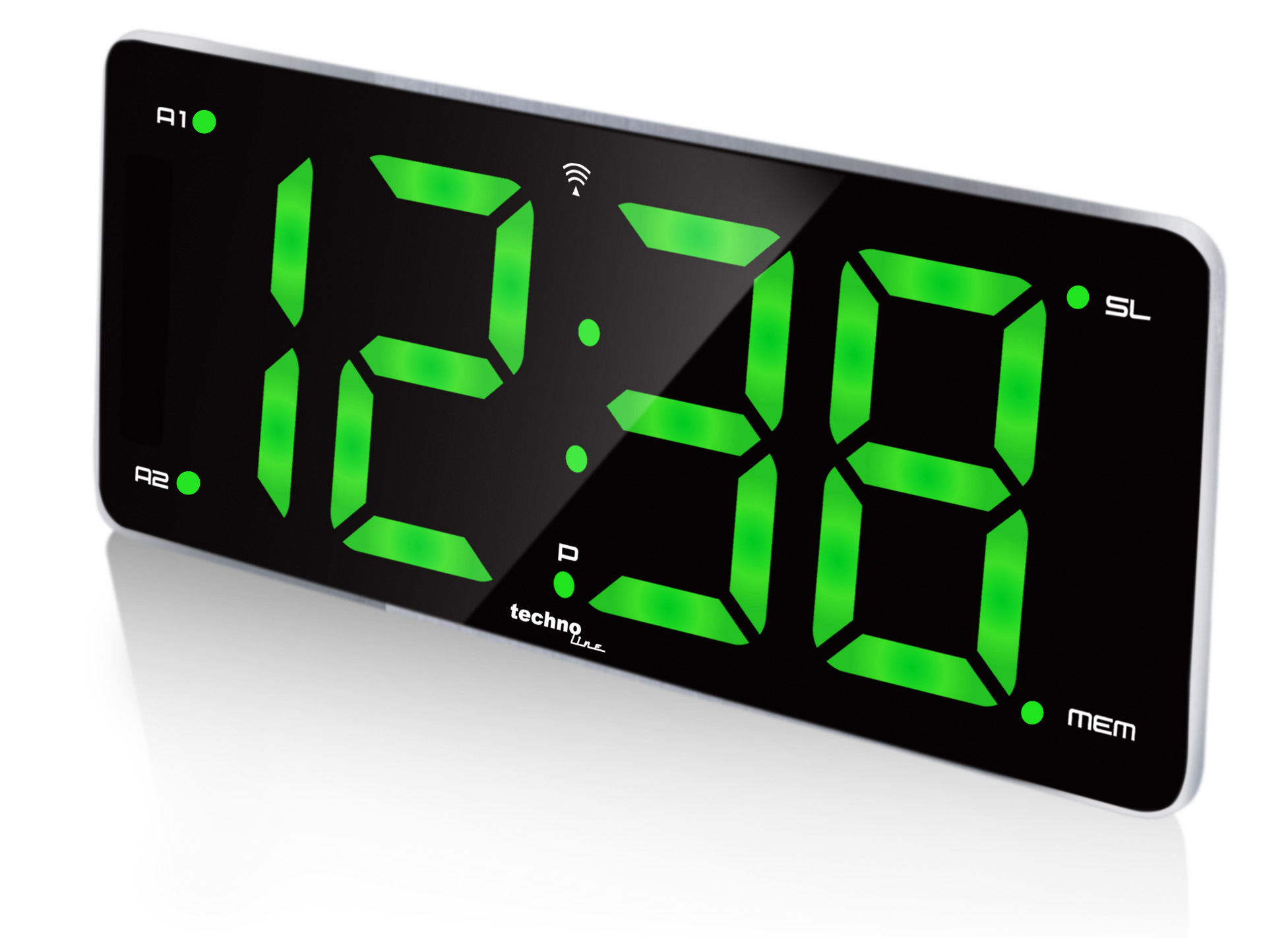 Digitaluhr zeigt 12:38 in grünen Ziffern an. Sie hat ein schwarzes Zifferblatt und einen silbernen Rahmen.