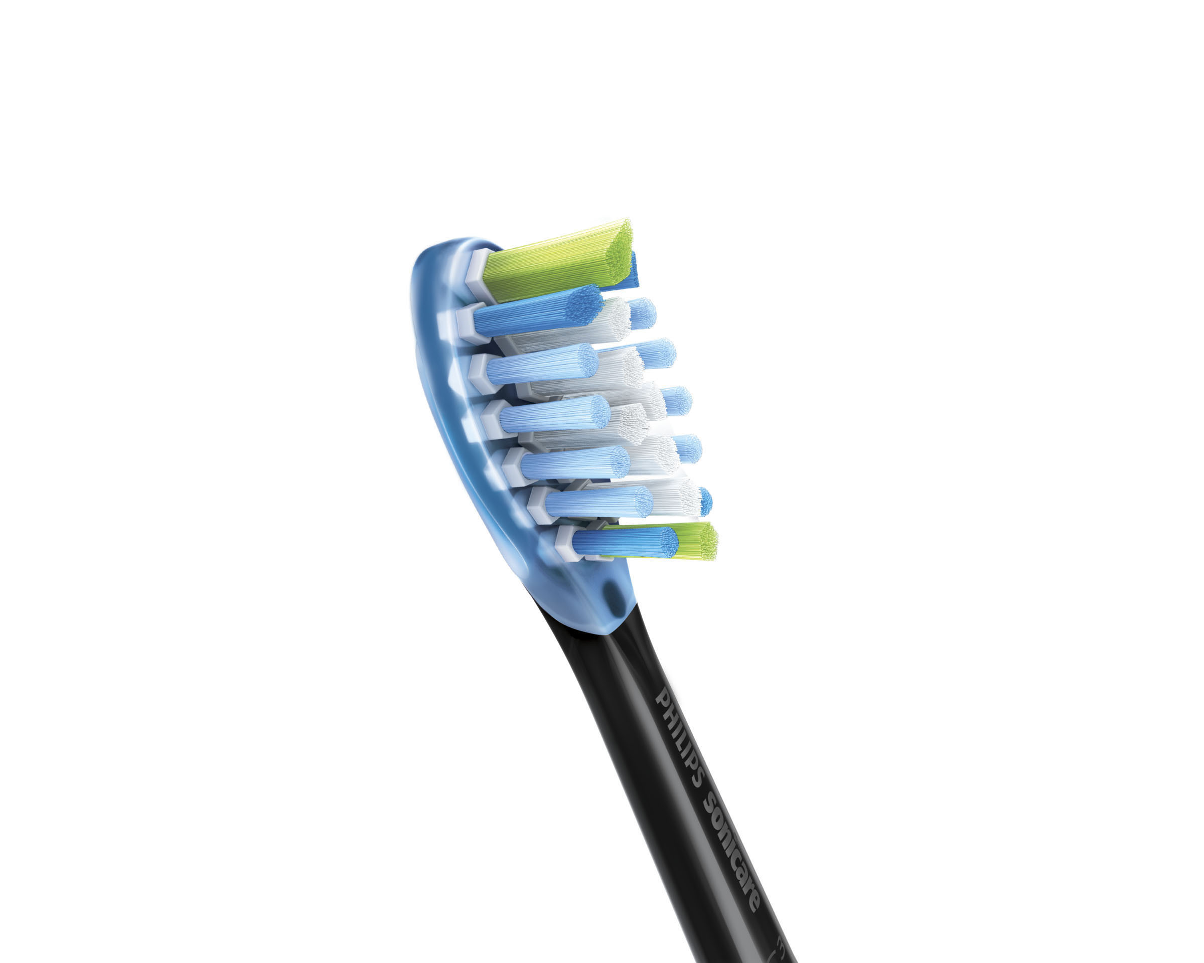 Nahaufnahme eines Philips Sonicare Zahnbürstenkopfes mit farbigen Borsten, auf weißem Hintergrund.
