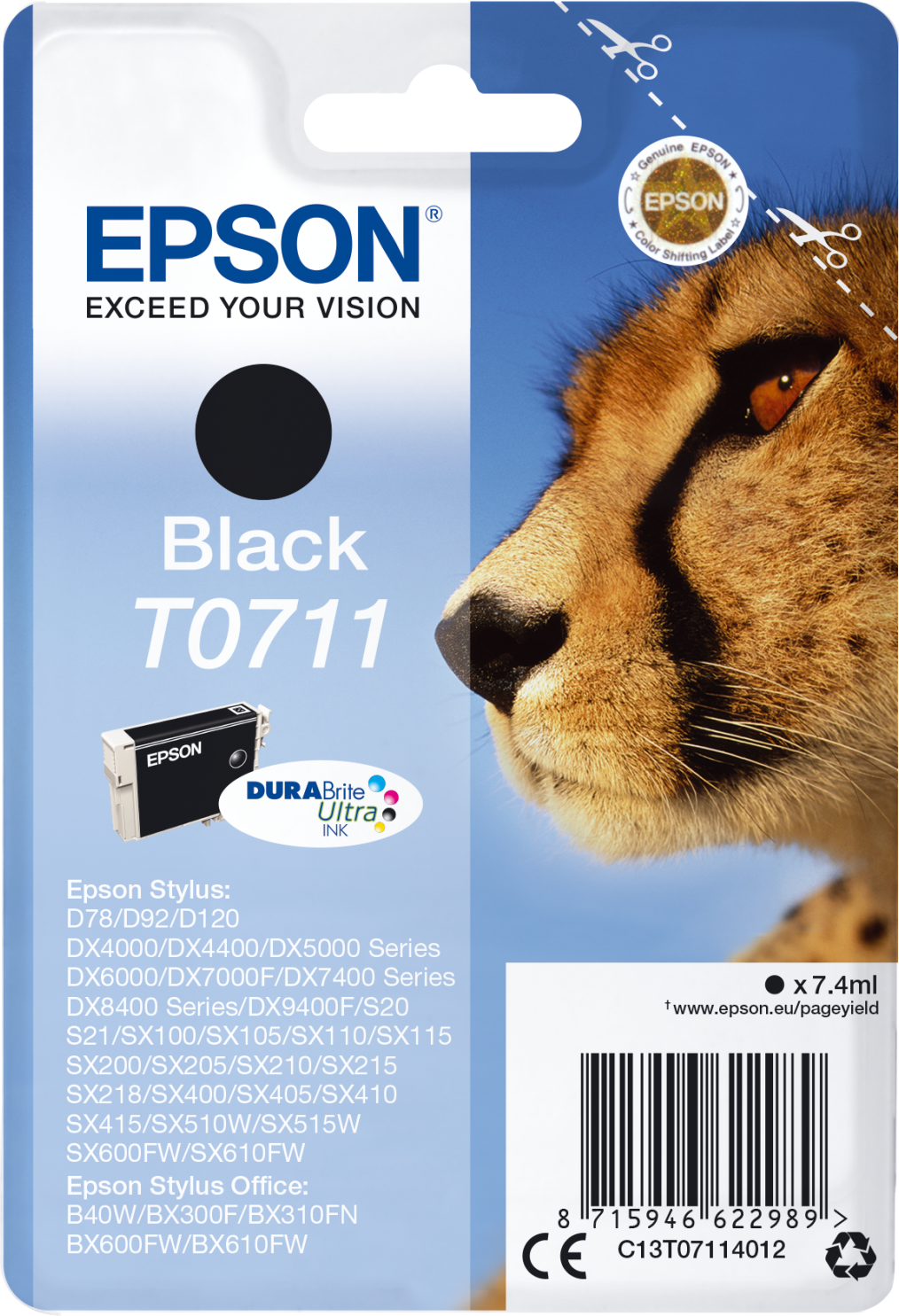Paquet de cartouches d'encre noire Epson. Encre noire au milieu. Visage de guépard à droite.
