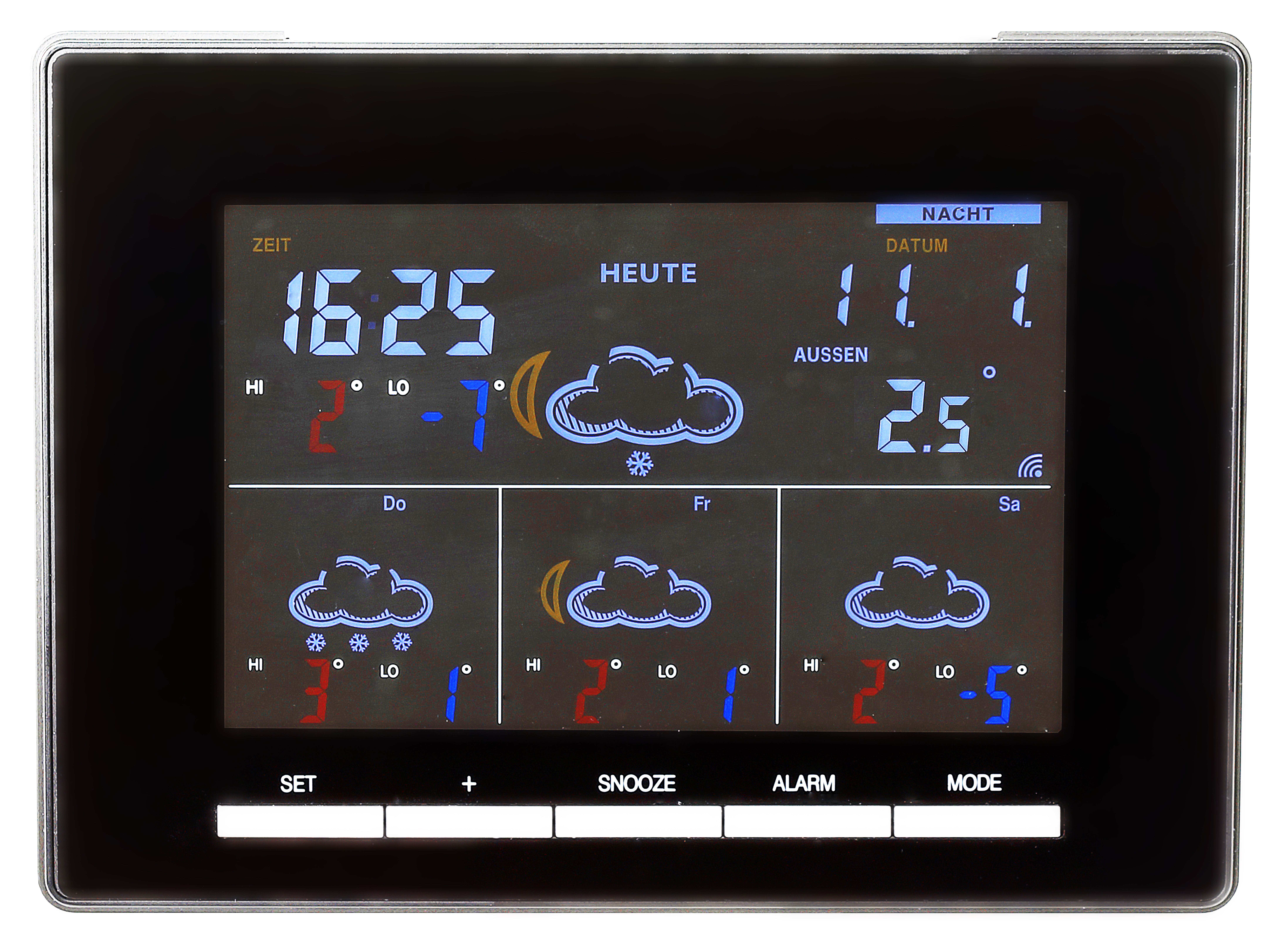Eine schwarze Wetterstation mit Uhrzeit, Datum und Wettervorhersage auf dem Bildschirm.
