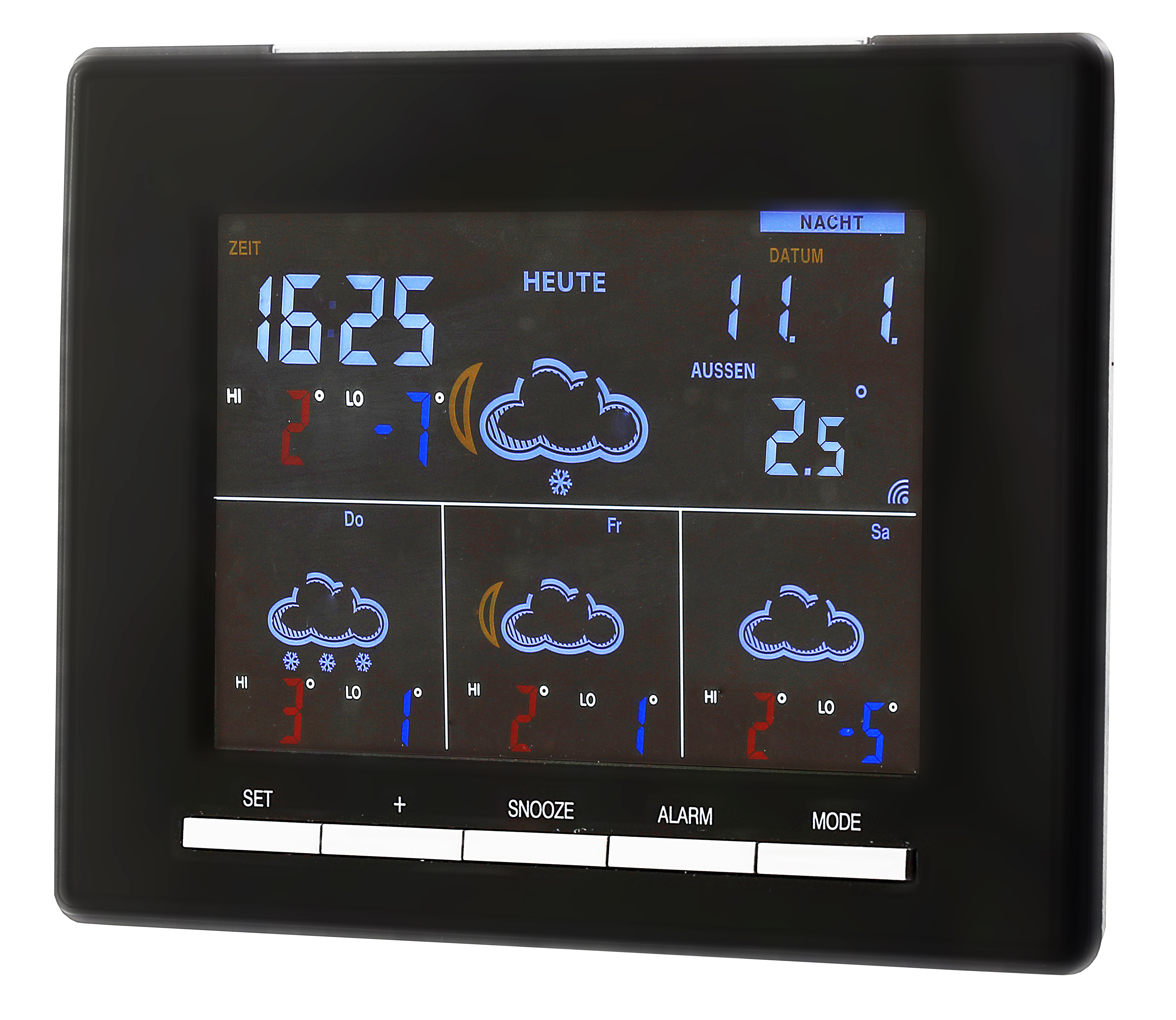 Schwarze Wetterstation zeigt Uhrzeit, Wettervorhersage und Temperaturdaten an.