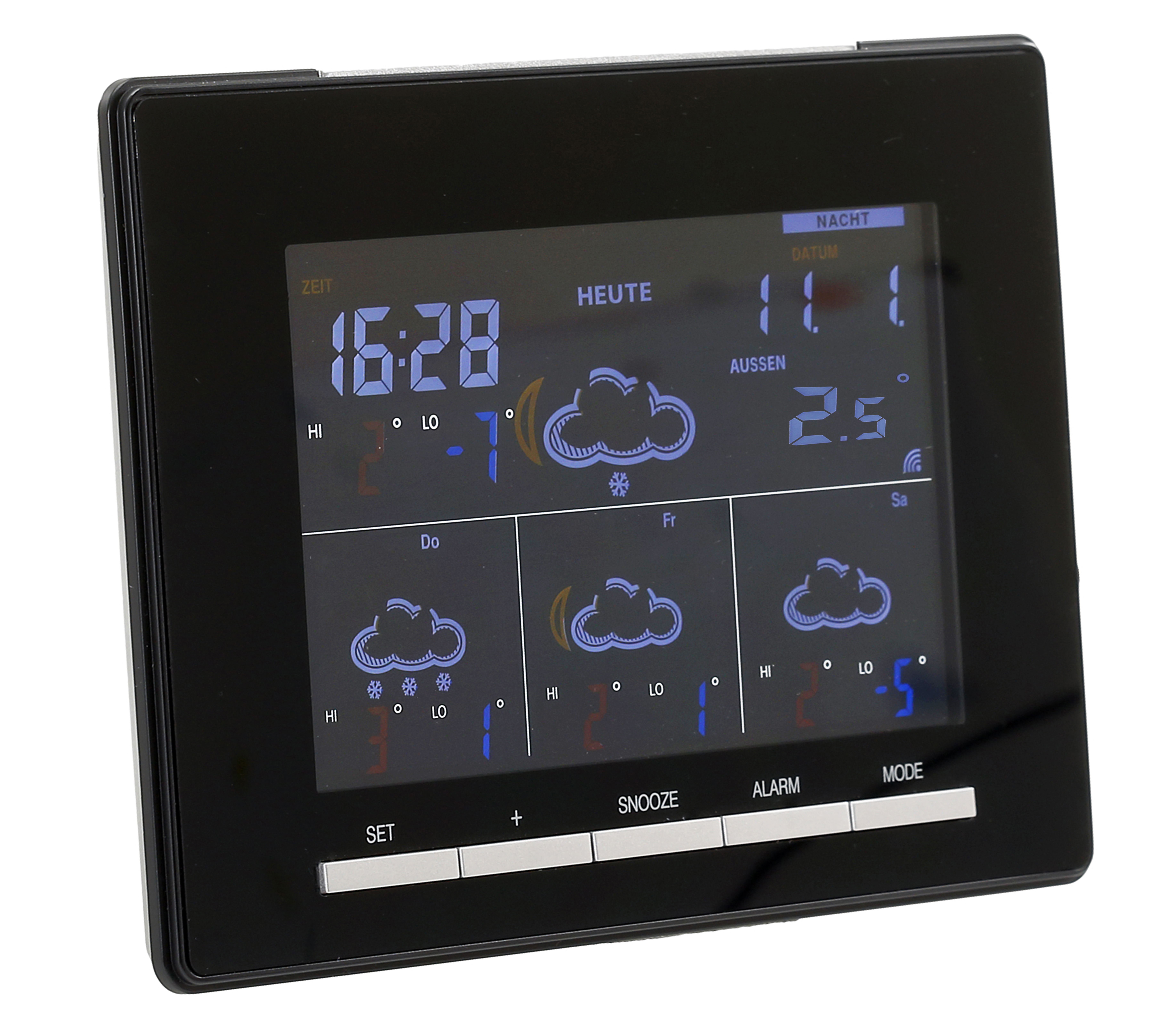 Eine schwarze digitale Wetterstation, die Zeit, Datum und Wettervorhersagen anzeigt. Der Hintergrund ist weiß.