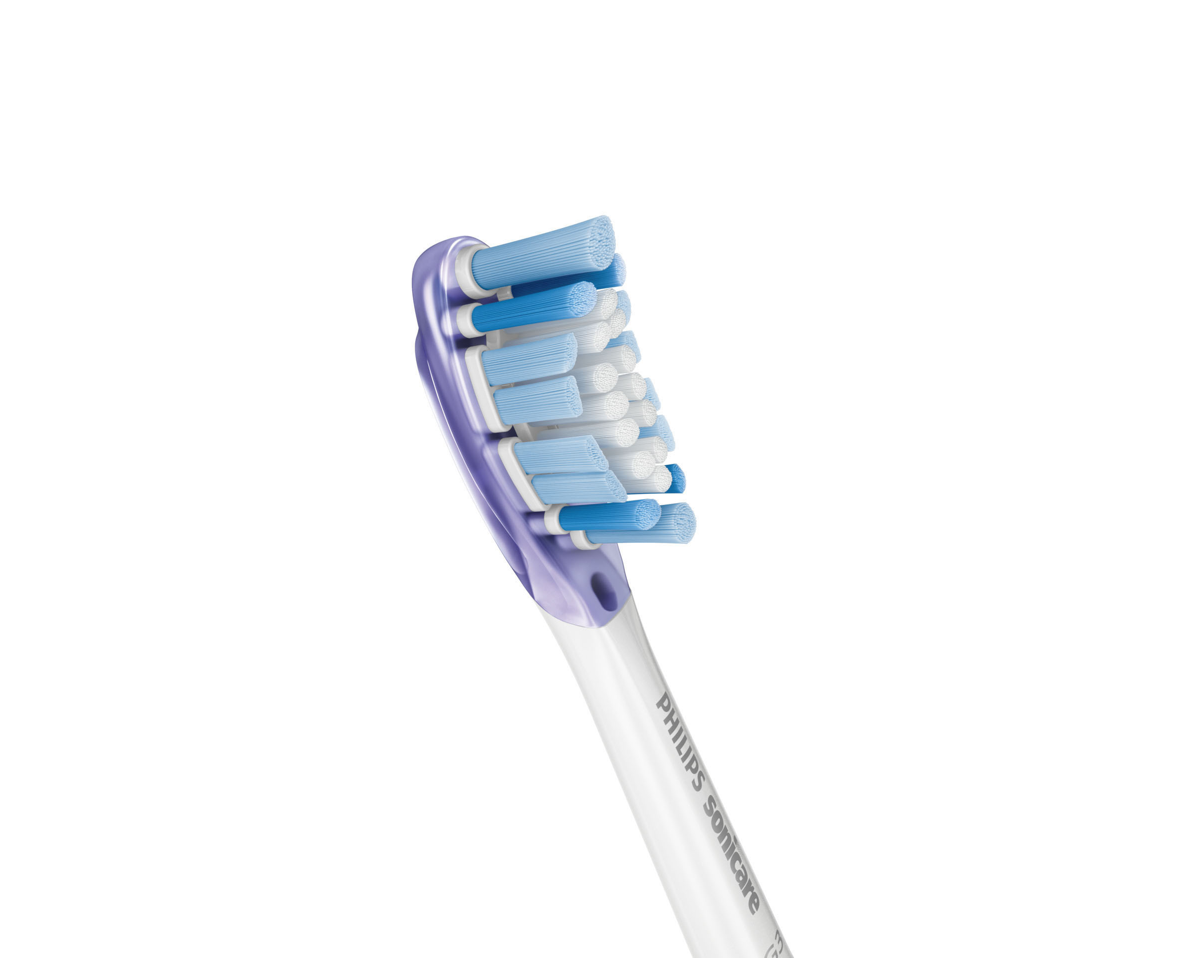 Gros plan sur une tête de brosse à dents Philips Sonicare avec des poils bleus et blancs.