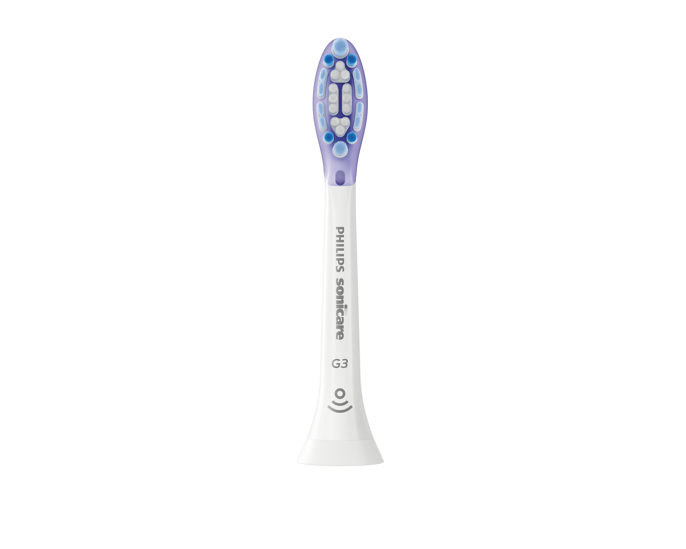 Tête de brosse blanche Philips Sonicare G3 avec des poils violets et blancs.