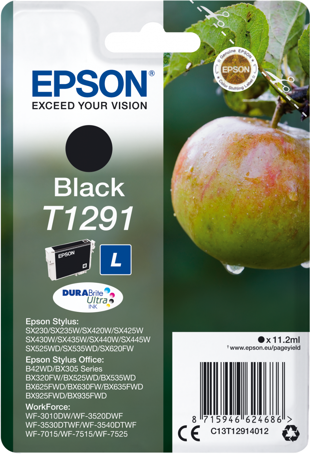 Epson zwarte inktcartridge in verpakking met een groene appel op de achtergrond.