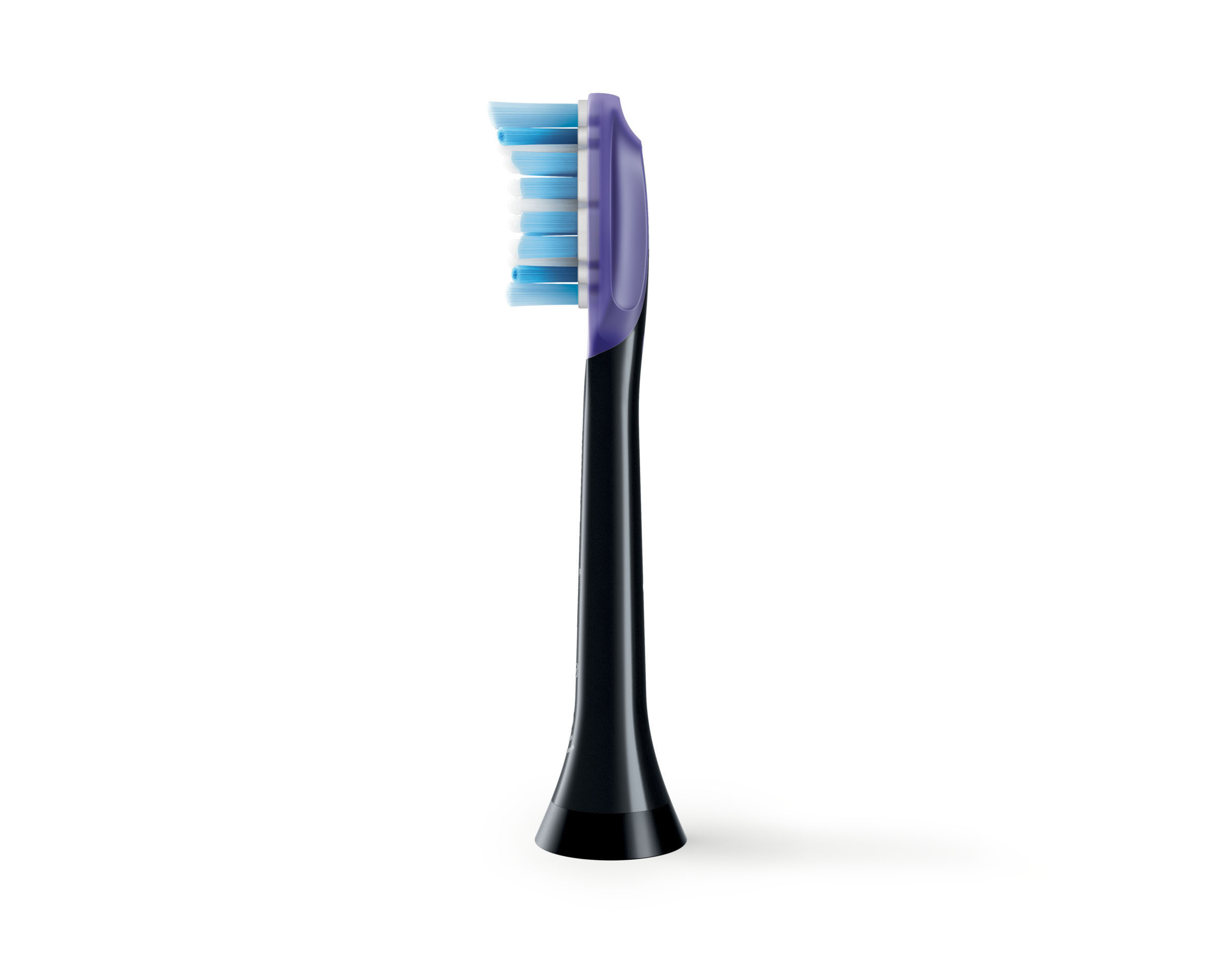 Ein Philips Sonicare Zahnbürstenkopf, schwarze Basis, lila Oberseite und weiß/blaue Borsten.
