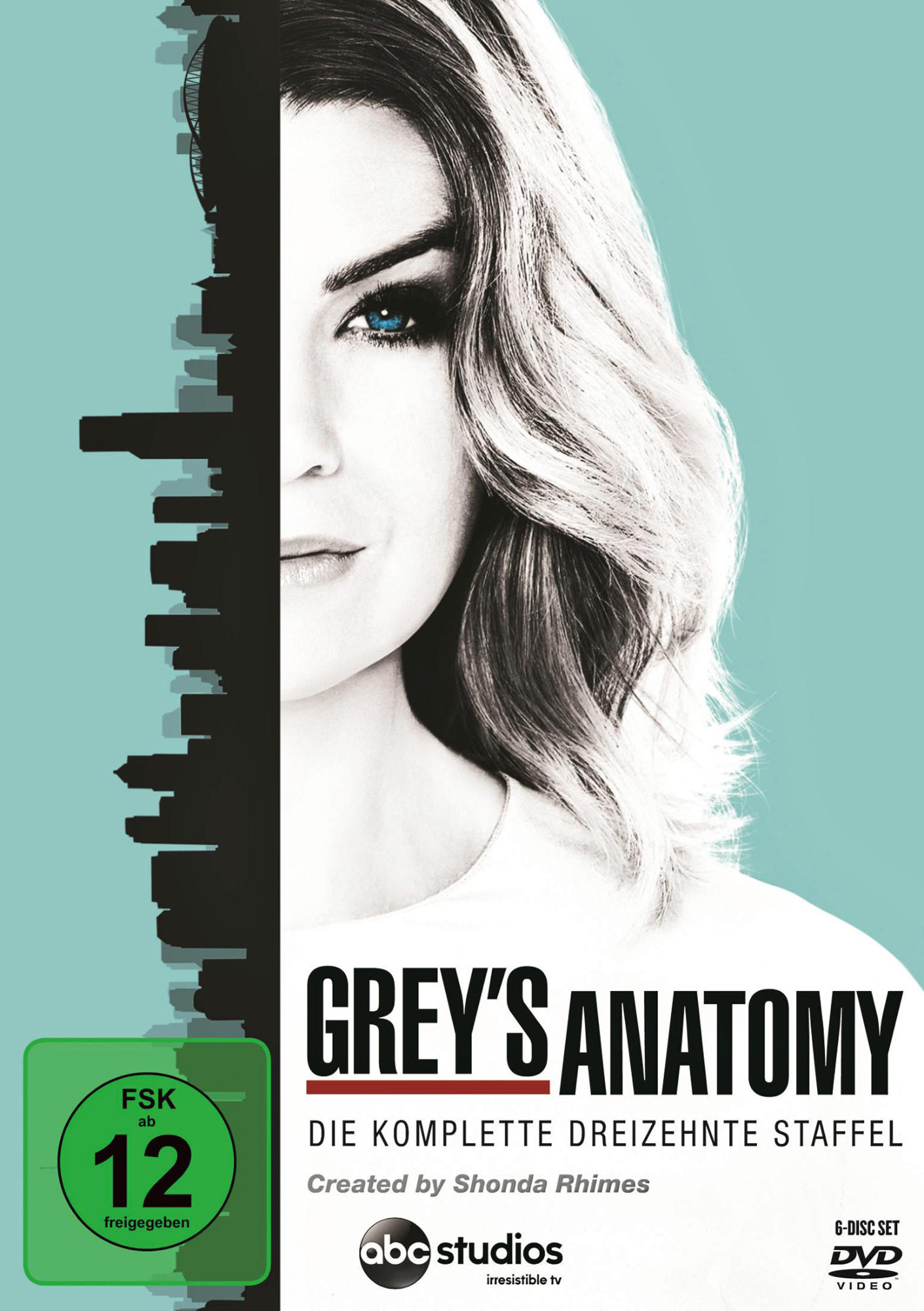 Grey's Anatomy DVD-Cover. Die Hälfte des Gesichts einer Frau vor türkisem Hintergrund. Text: Grey's Anatomy.