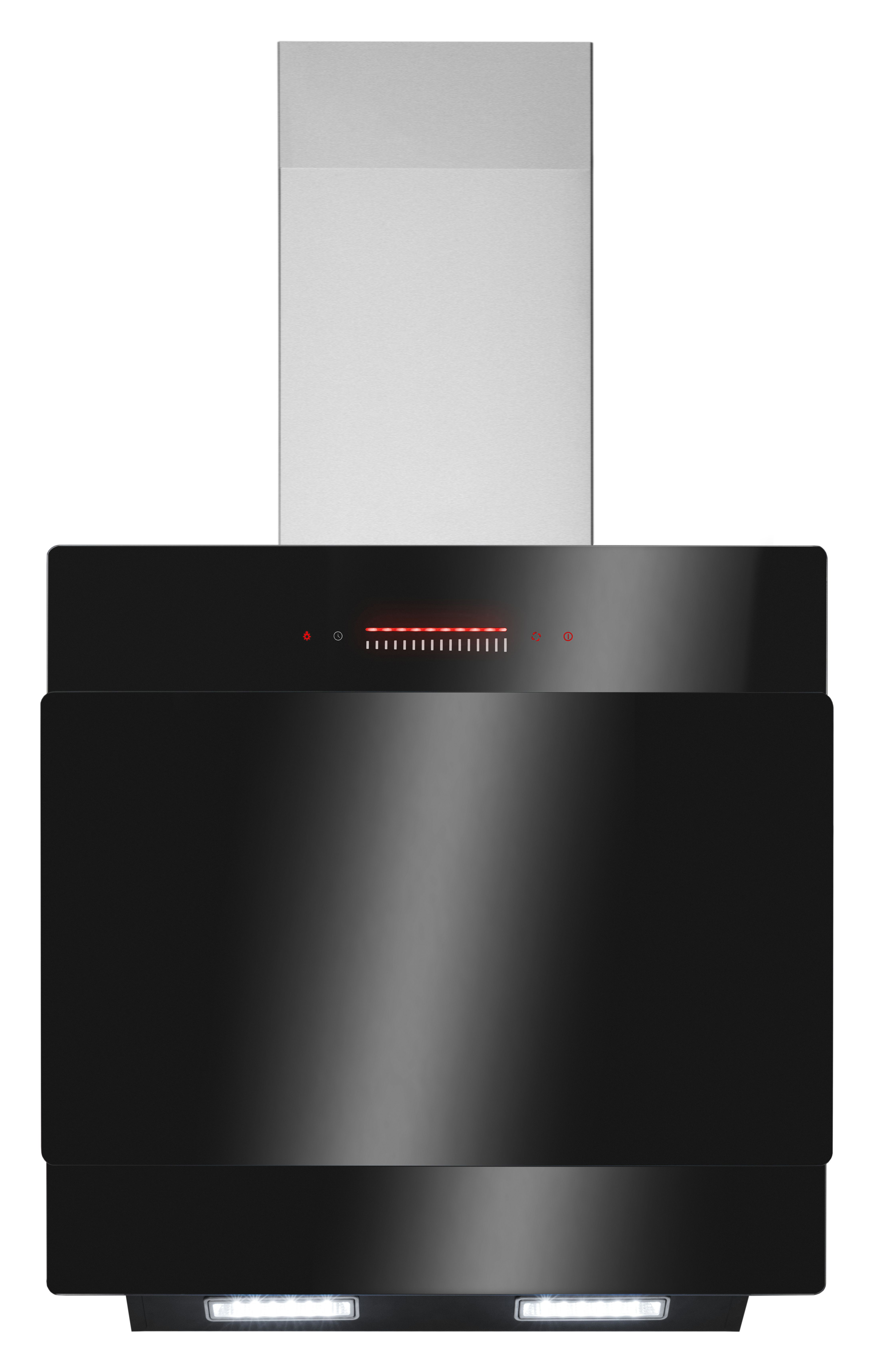 Schwarze Dunstabzugshaube mit Edelstahlkamin und roter Anzeige, mit LED-Leuchten.