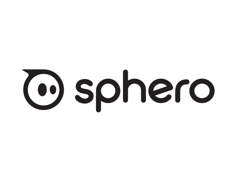 Sphero-Logo. Schwarz-weißes Design eines Gesichts mit zwei Augen und dem Text sphero.