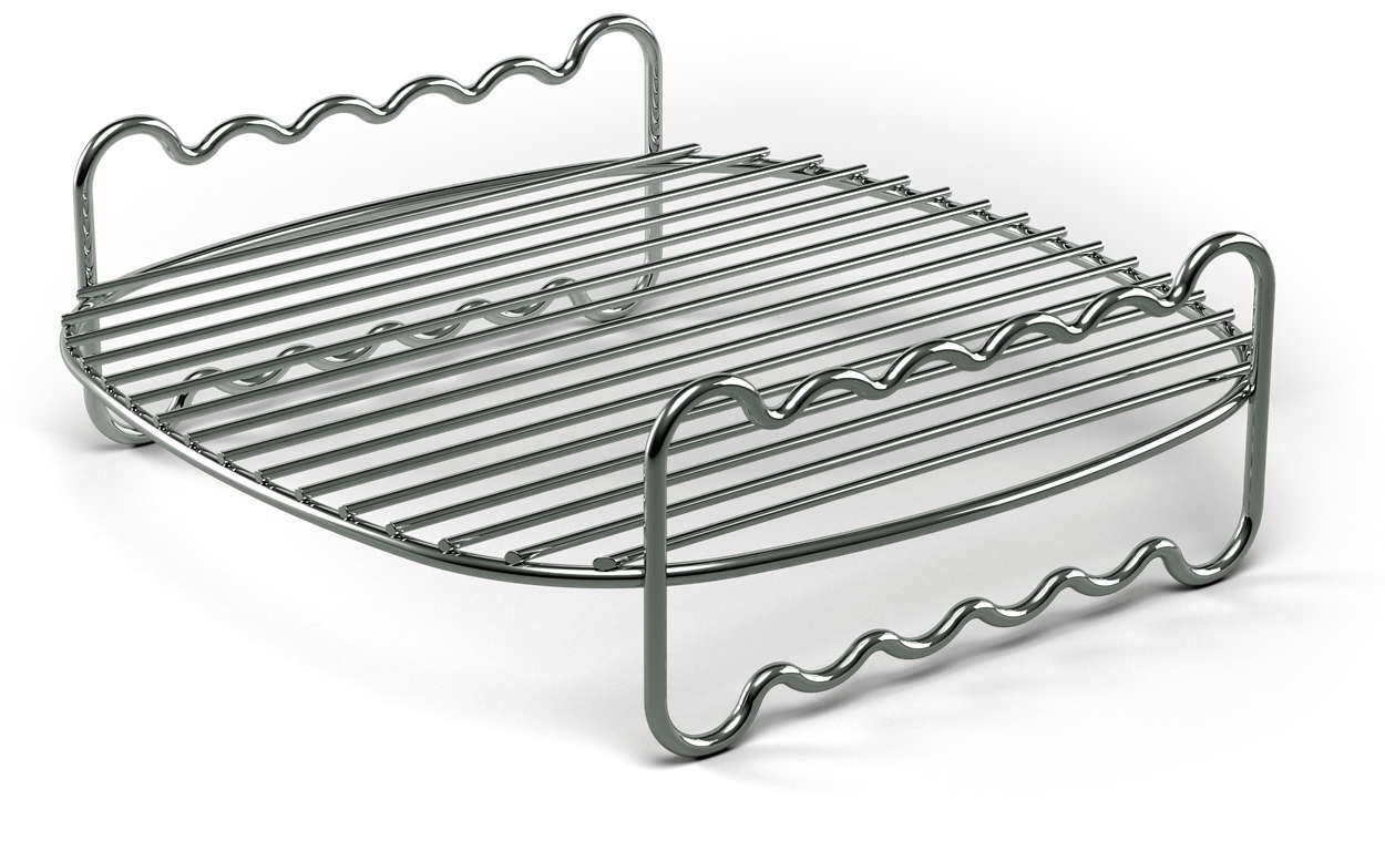 Étagère en métal brillant pour friteuse à air avec bords ondulés et poutres de support, sur fond blanc.