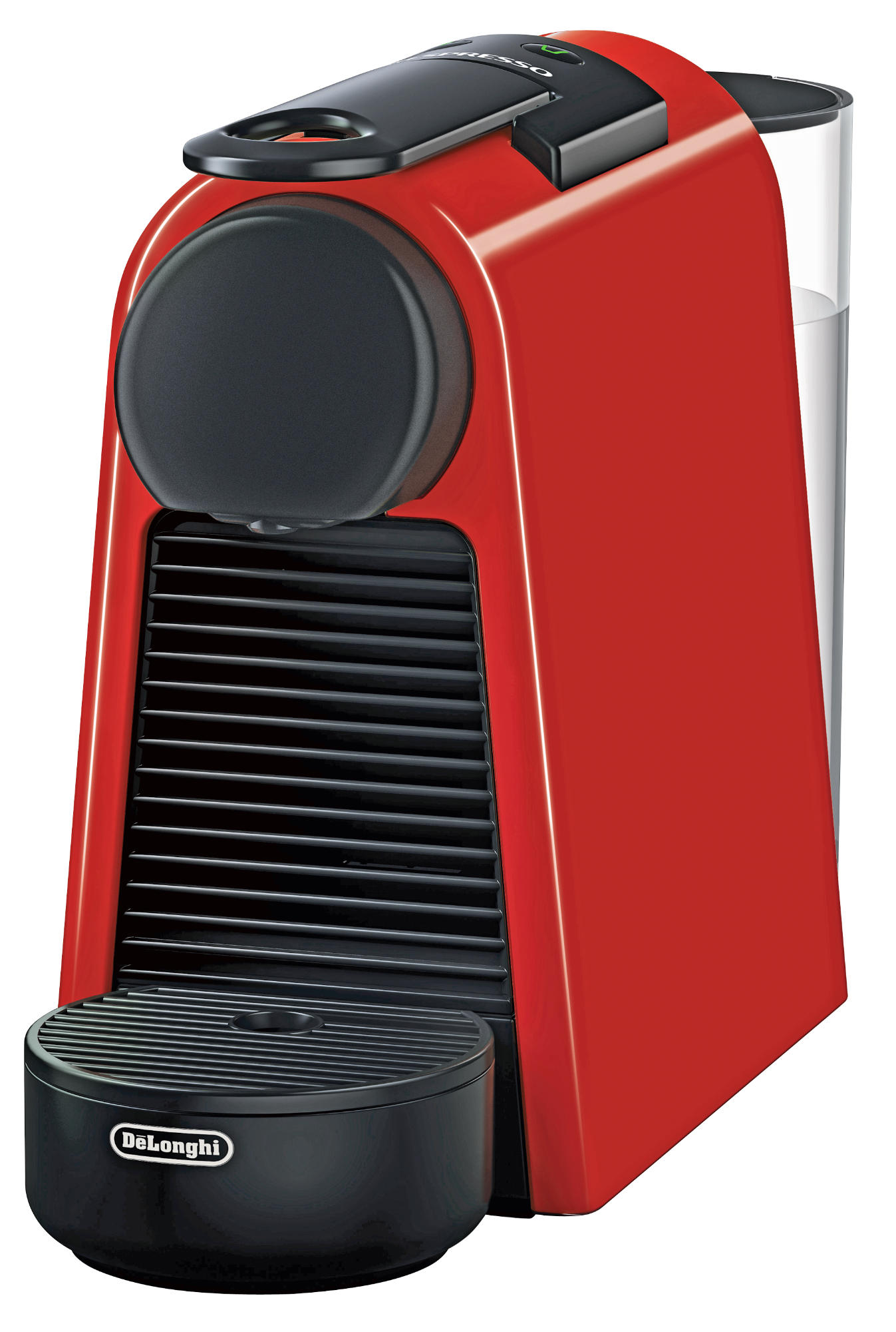 Piros De'Longhi Nespresso kávéfőző. Fekete részletek, oldalt víztartállyal.