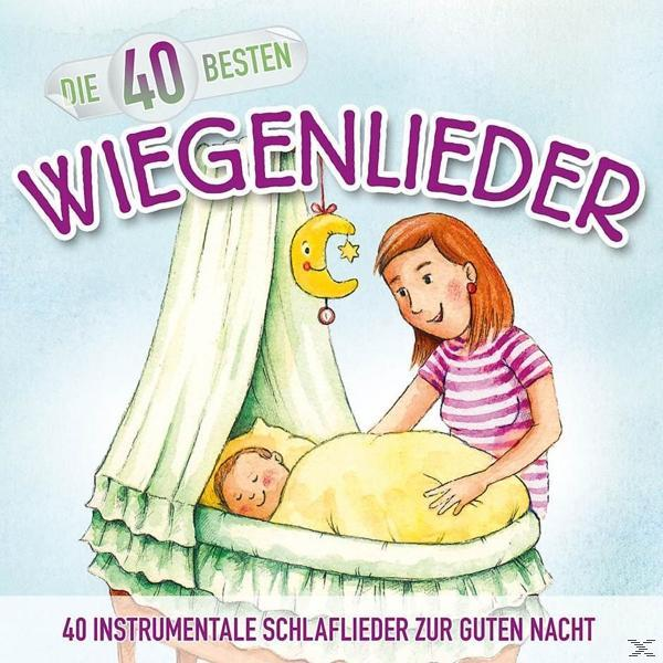 Albumcover: 'Die 40 Besten Wiegenlieder', Baby im Bett, Mutterfigur, Illustration, friedliches Thema.
