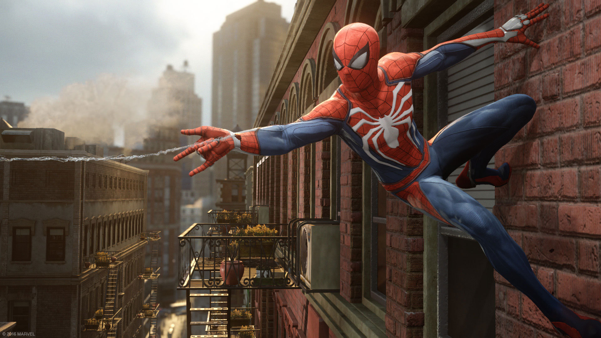 Spider-Man dans une pose dynamique, décor urbain avec bâtiments, ciel et détails de toile d'araignée.