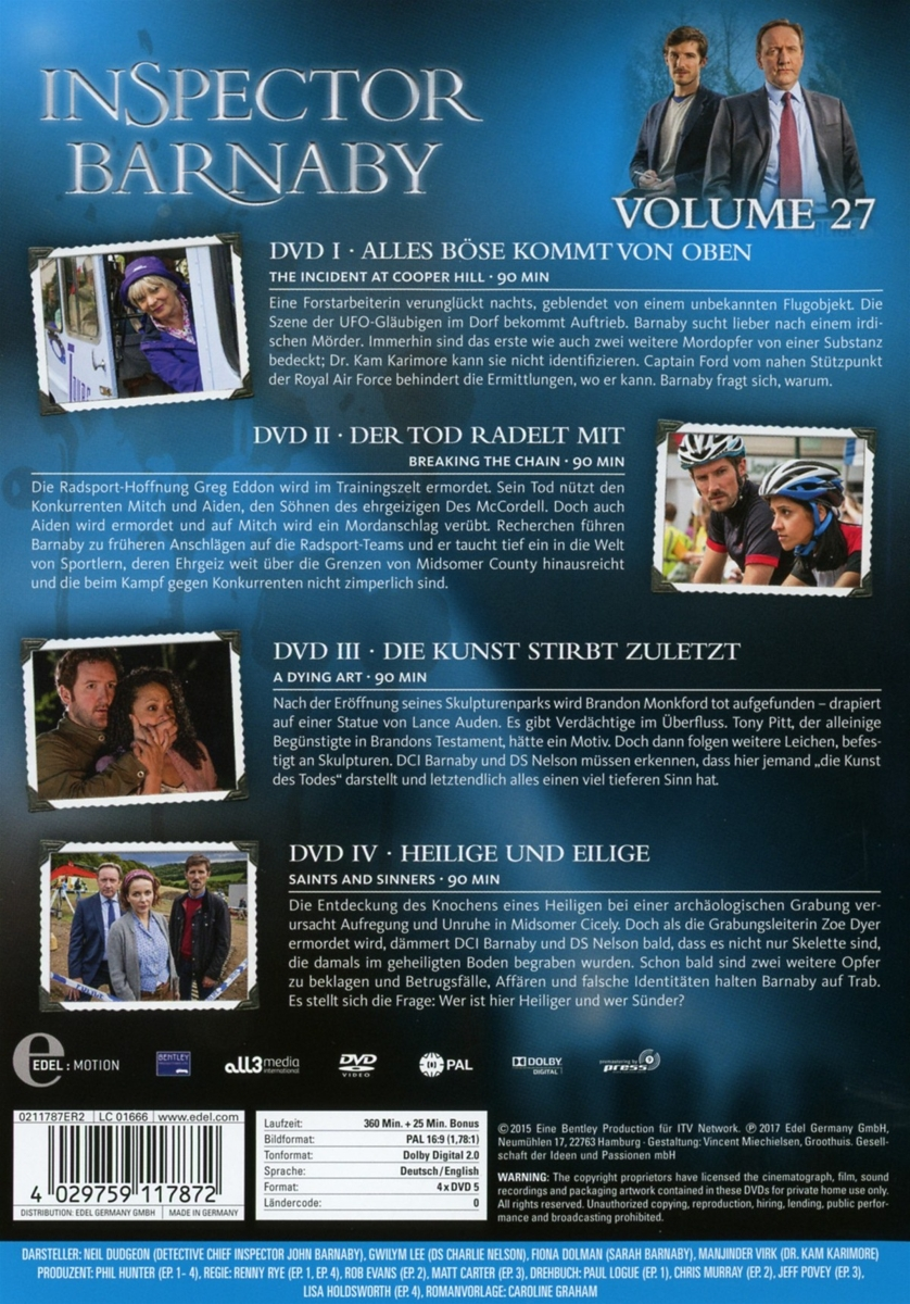 Rückseite der DVD-Hülle. Text und Bilder beschreiben die Episoden von Inspector Barnaby, Volume 27.