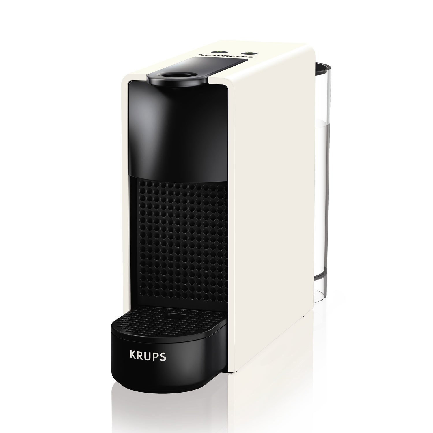 Eine weiße und schwarze Krups Kaffeemaschine, isoliert auf weißem Hintergrund.