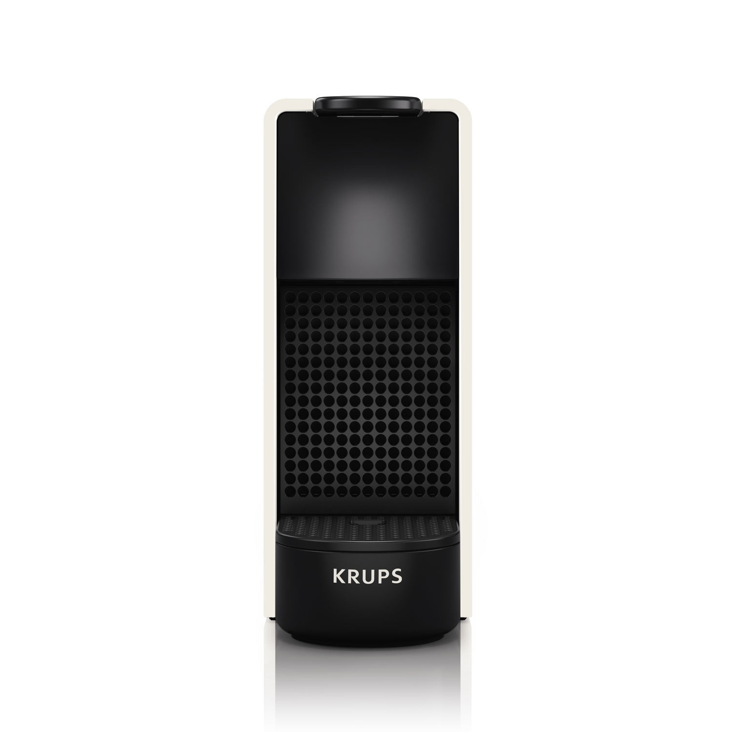 Eine weiß-schwarze Krups-Kaffeemaschine. Die Vorderseite hat ein schwarzes Gittermuster.