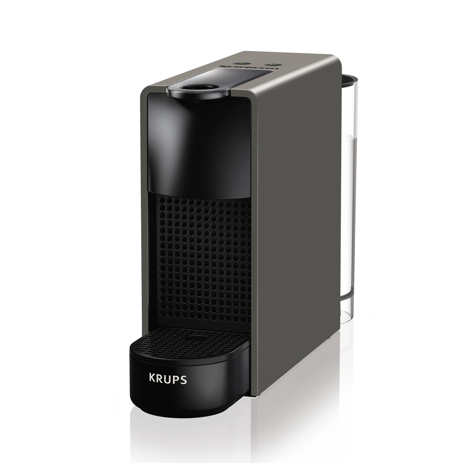 Eine Krups Nespresso Kaffeemaschine. Sie ist grau und schwarz, mit Wassertank und Tassenhalter.