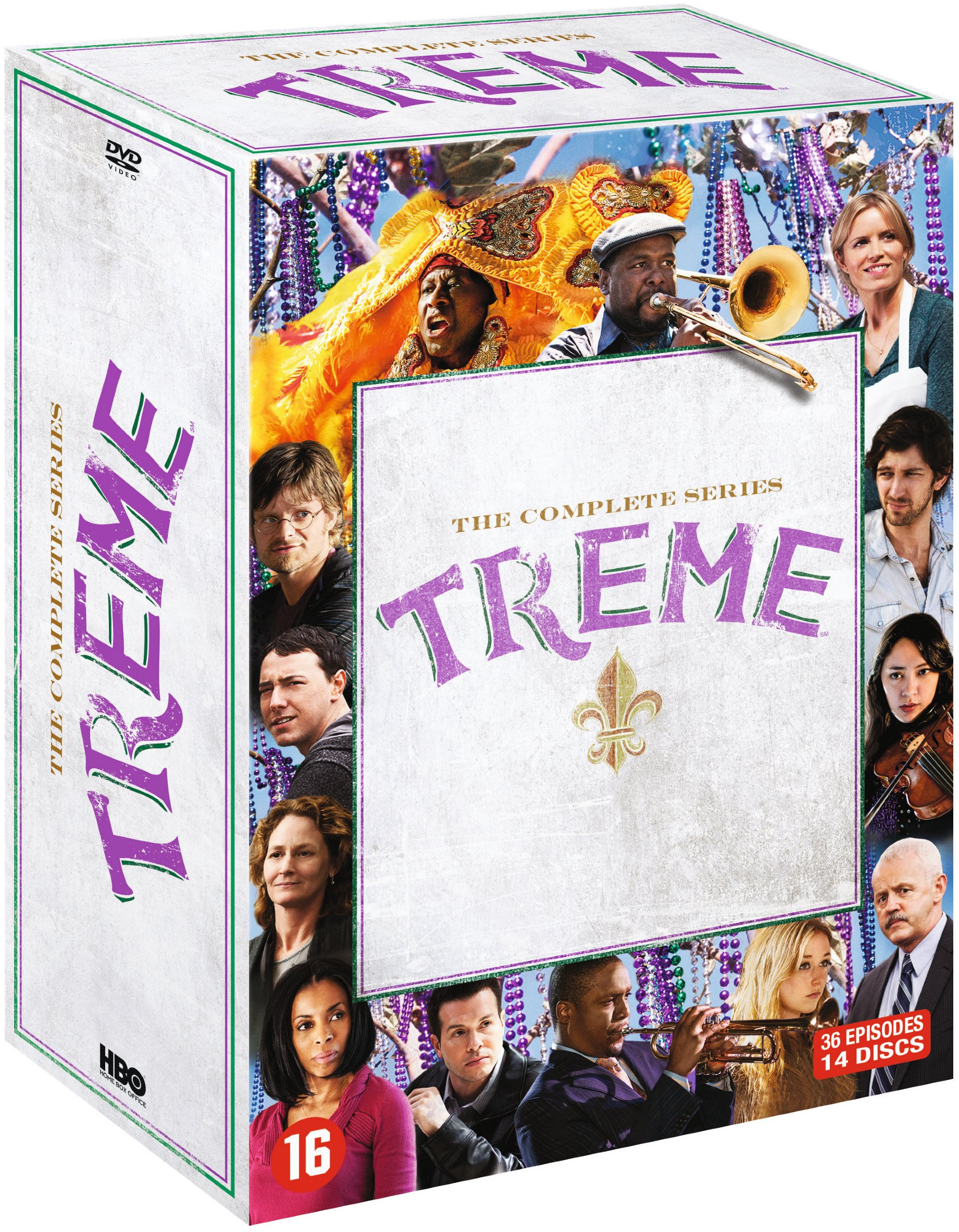 Coffret DVD de la série 'Treme' avec des images d'acteurs et un symbole de fleur de lys.