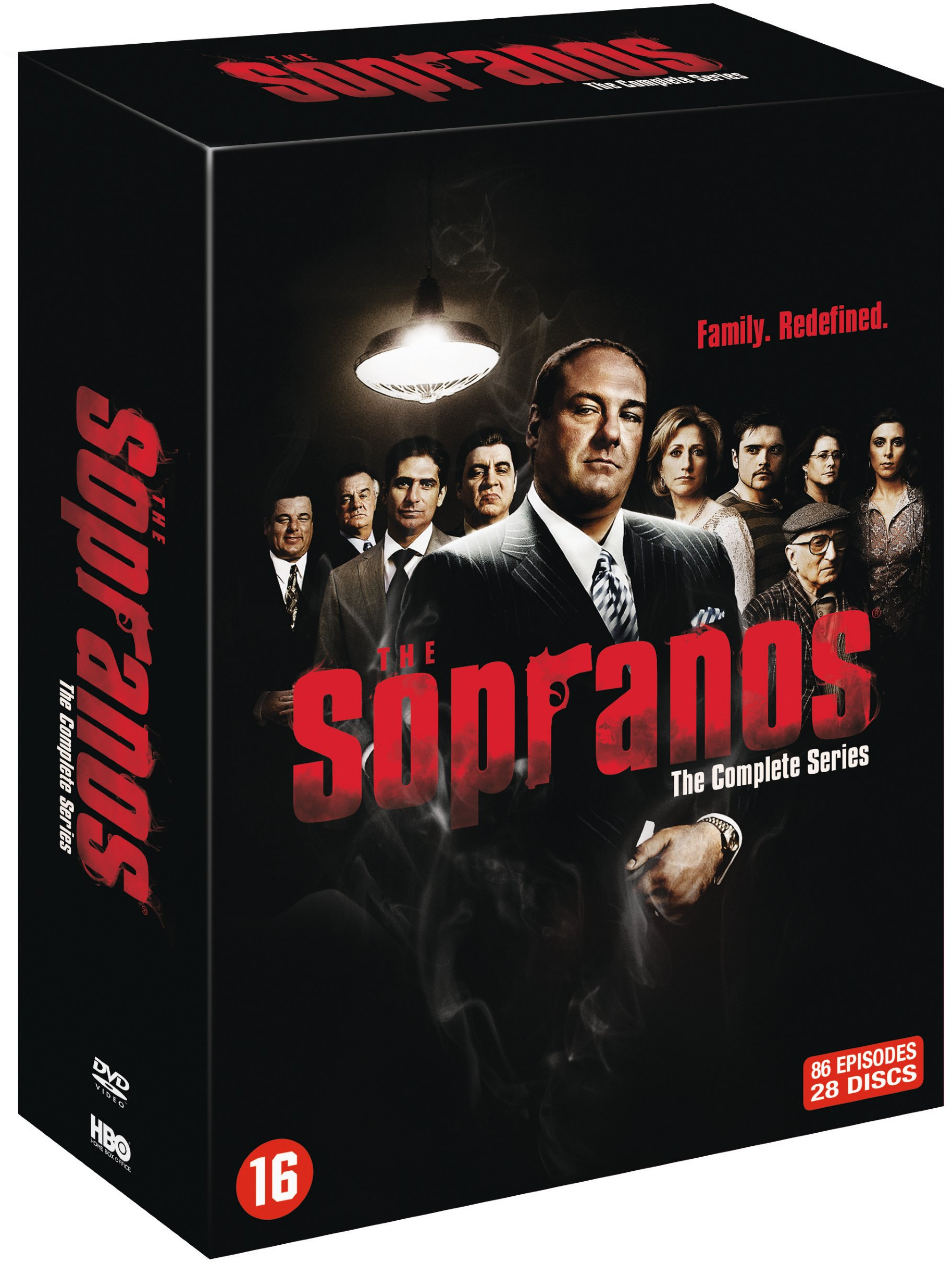 DVD-boxset van The Sopranos, gezichten van de cast, rode en witte tekst, zwarte achtergrond.
