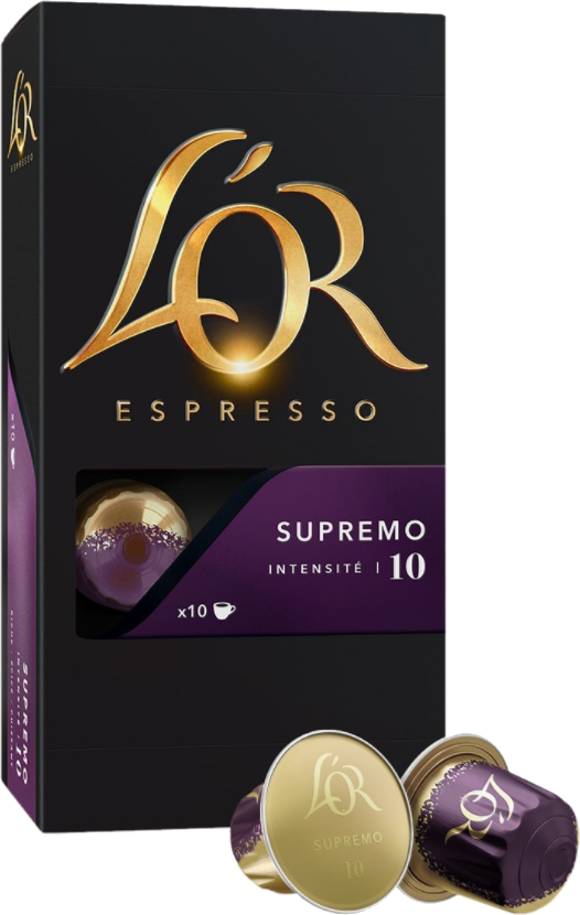 Boîte de capsules de café L'Or Espresso. Elle est noire, avec des détails dorés et des images de capsules dorées et violettes.