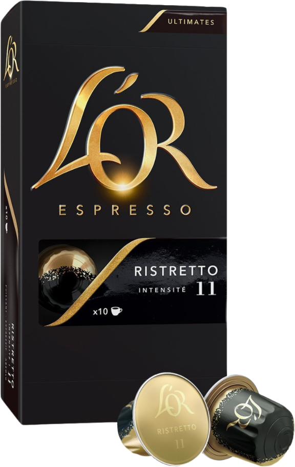 Boîte de dosettes de café espresso L'OR en emballage noir et doré.