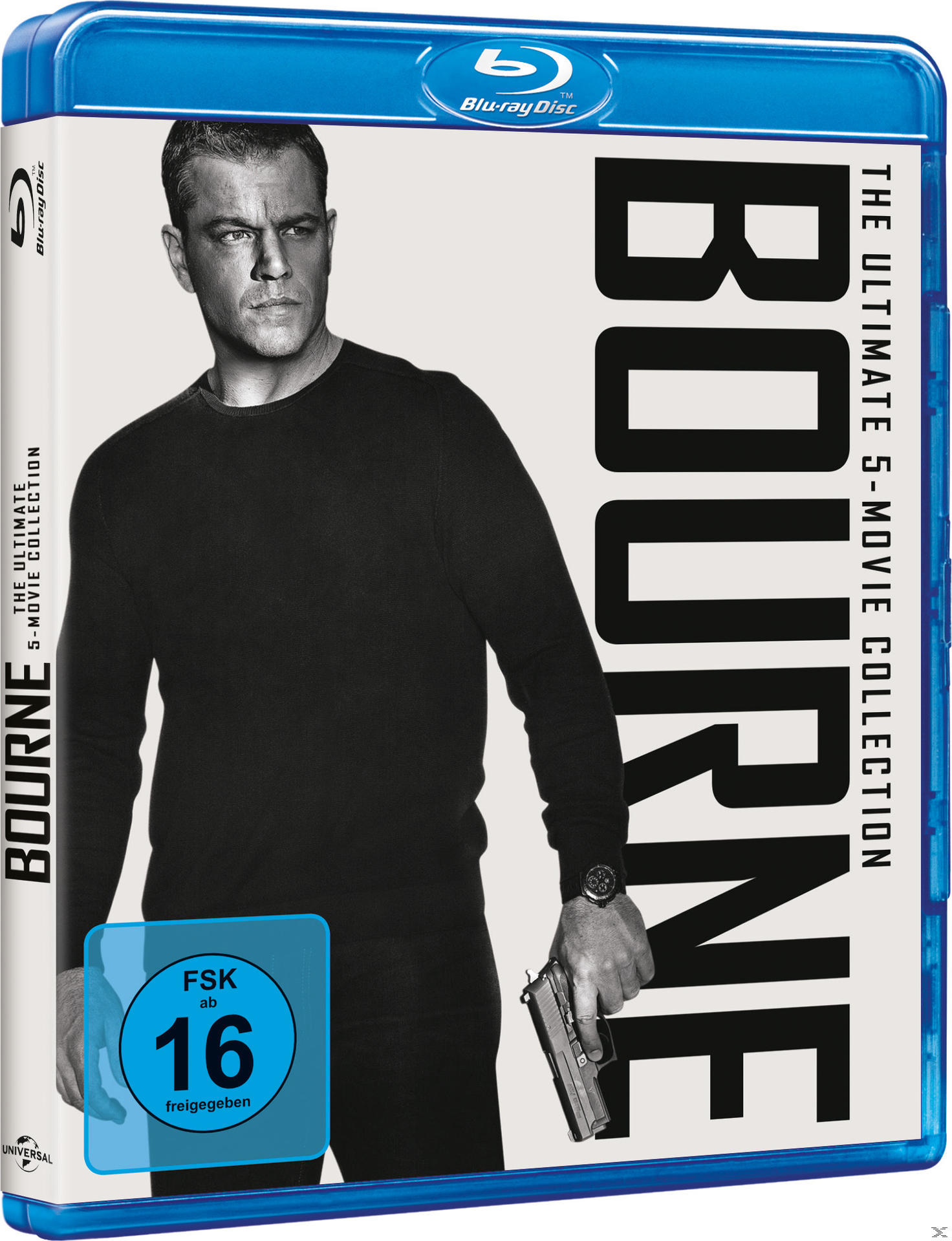 Blu-ray-Box-Set der "Bourne"-Filme. Matt Damon ist auf dem Cover und hält eine Pistole.