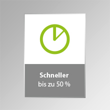 Weißes und graues Diagramm-Symbol mit dem Text "Schneller bis zu 50 %".