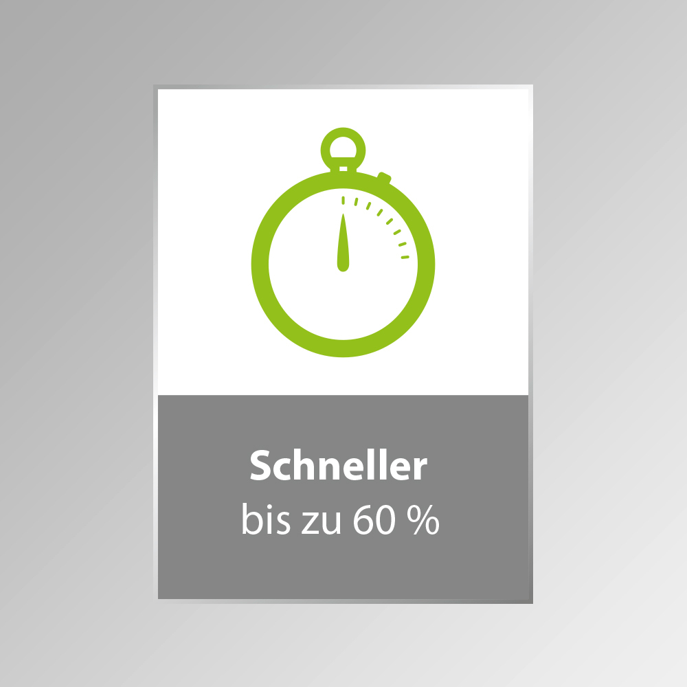 Weiße und graue Anzeige mit grünem Stoppuhrsymbol, Text: schneller bis zu 60 %.
