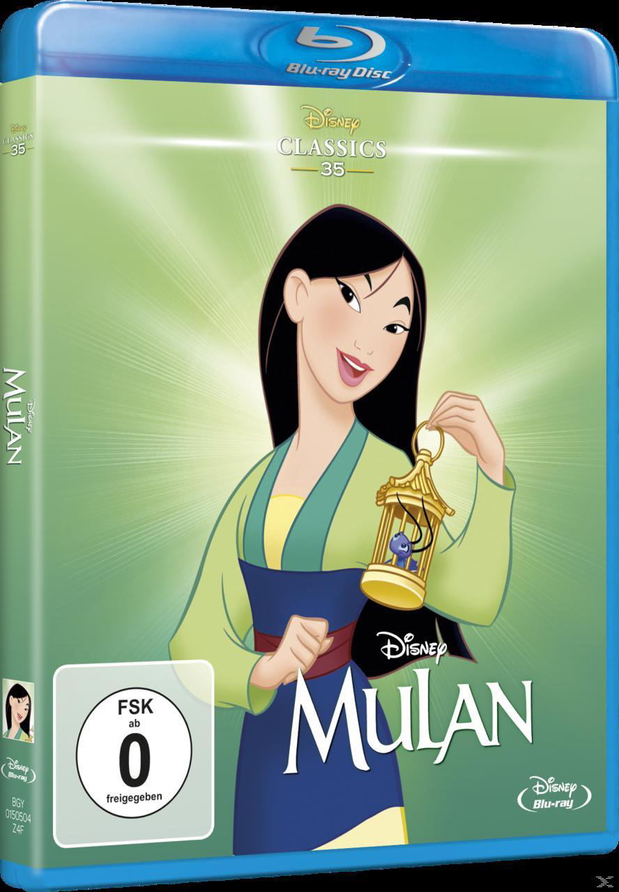 Mulan Blu-ray-Cover. Mulan hält einen kleinen Käfig mit einer Grille, grüner Hintergrund.