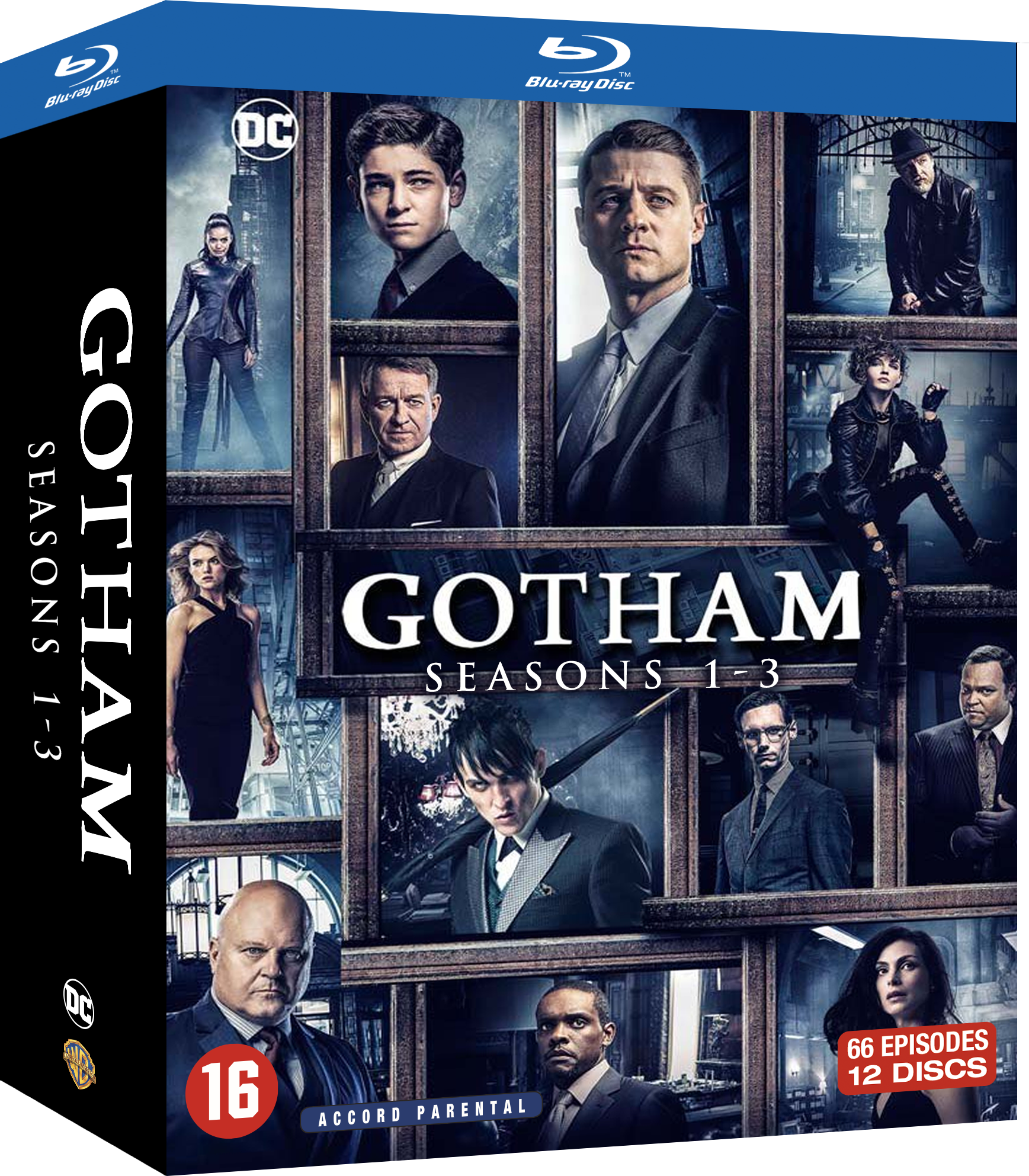 Coffret Blu-ray Gotham Saisons 1-3. Plusieurs personnages sont présents.